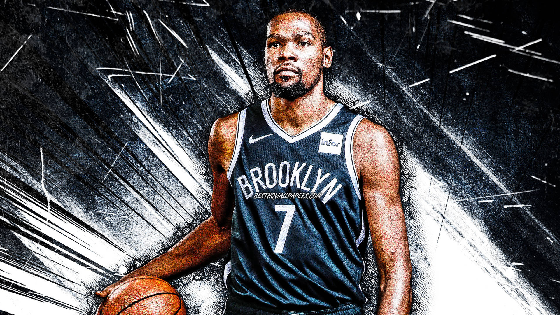 黑白風格凱文·杜蘭特 壁紙 — 籃球運動員 Kevin Durant 身穿布魯克林籃網隊球衣，在動態黑白抽象背景前持球。