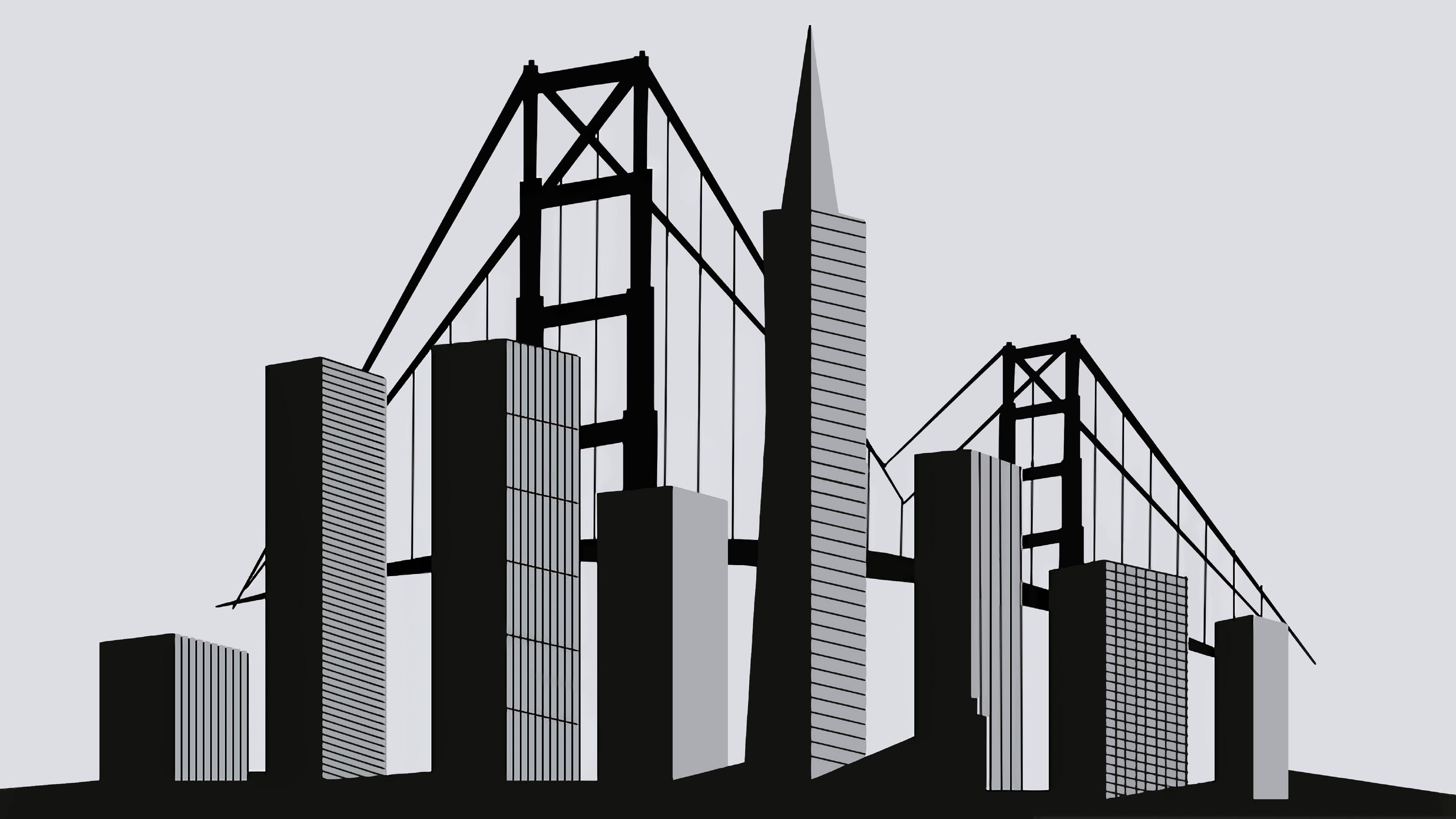 建築 桌布 壁紙 — 黑白風格化的城市景觀，高聳的摩天大樓和標誌性的懸索橋，背景是淺灰色的天空。