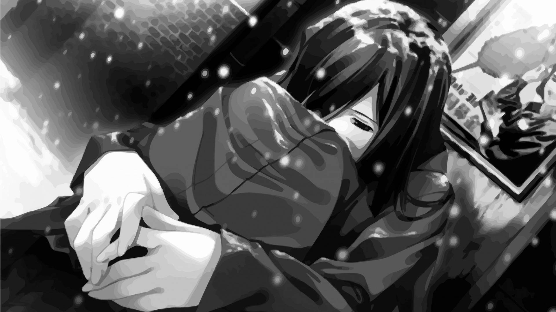 黑白風格的孤獨動漫男孩 壁紙 — 一個黑髮的憂鬱動漫女孩在黑白場景中緊緊抱住自己，雪花飄落在她周圍。