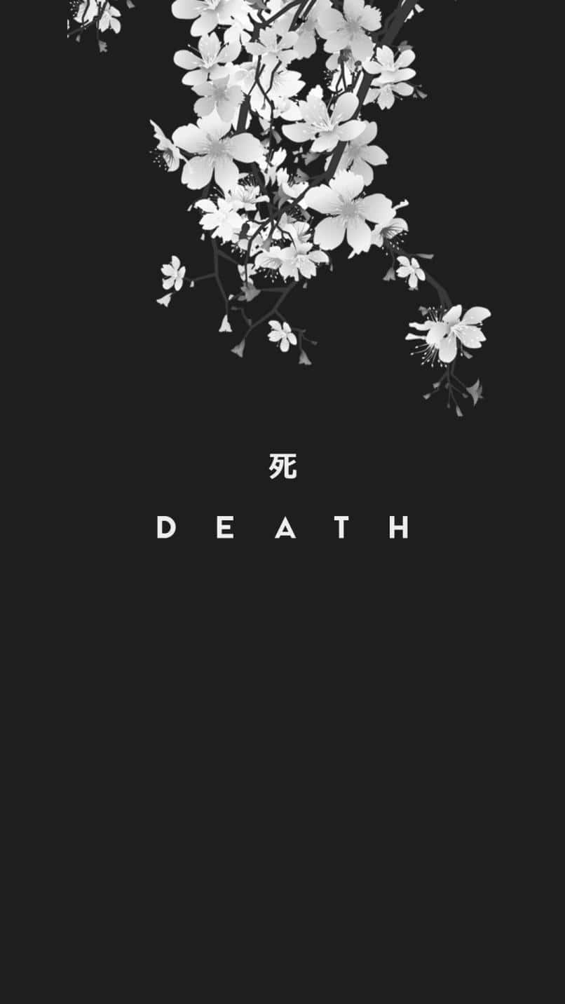 黑白風格花藝：死亡 壁紙 — 白色櫻花在黑色背景上層疊，並以粗體白色字母寫著死亡一詞。
