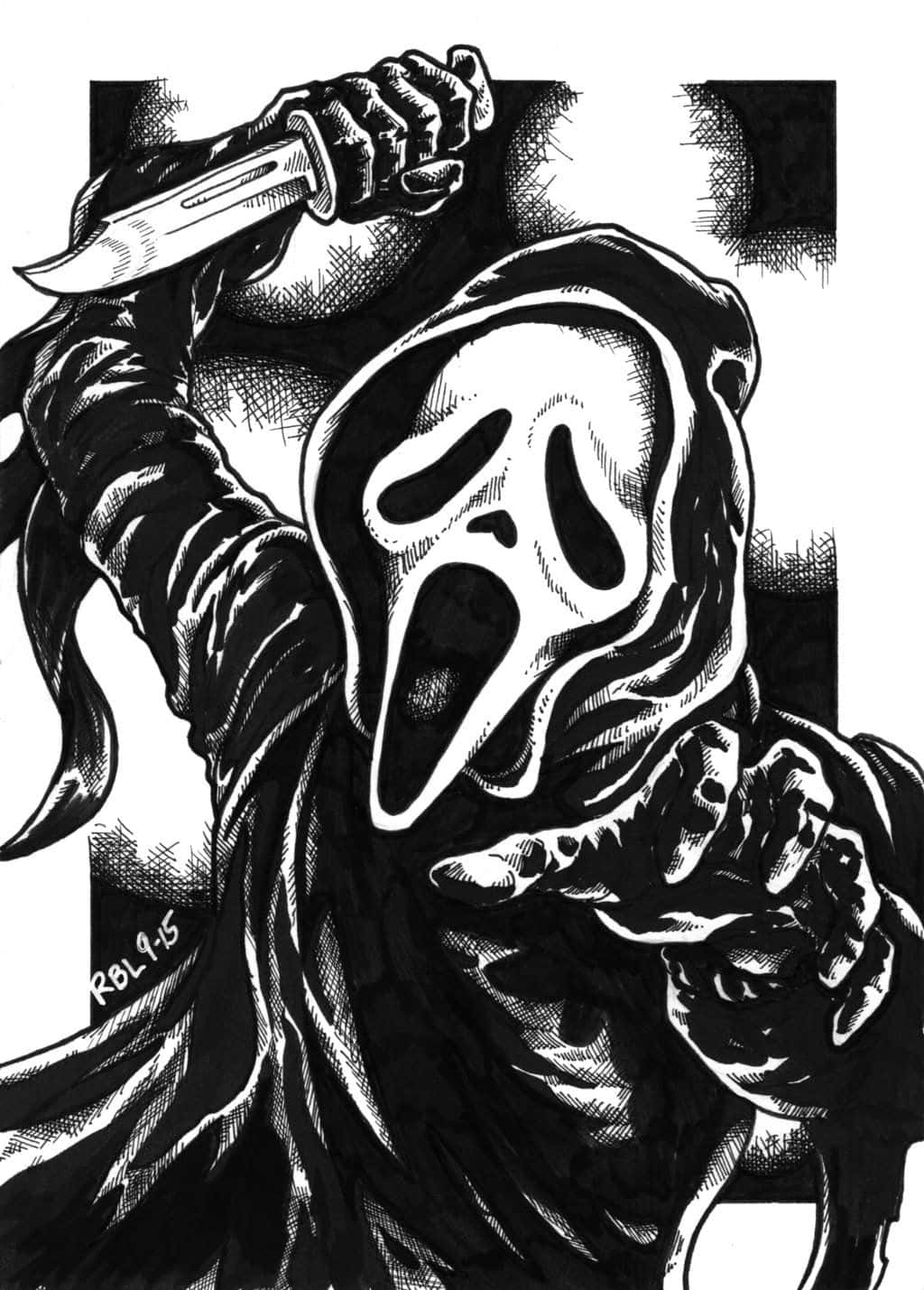 黑白鬼臉持刀 壁紙 — 一個戴著Ghostface面具的威脅人物在鮮明的黑白插圖中高舉著刀。