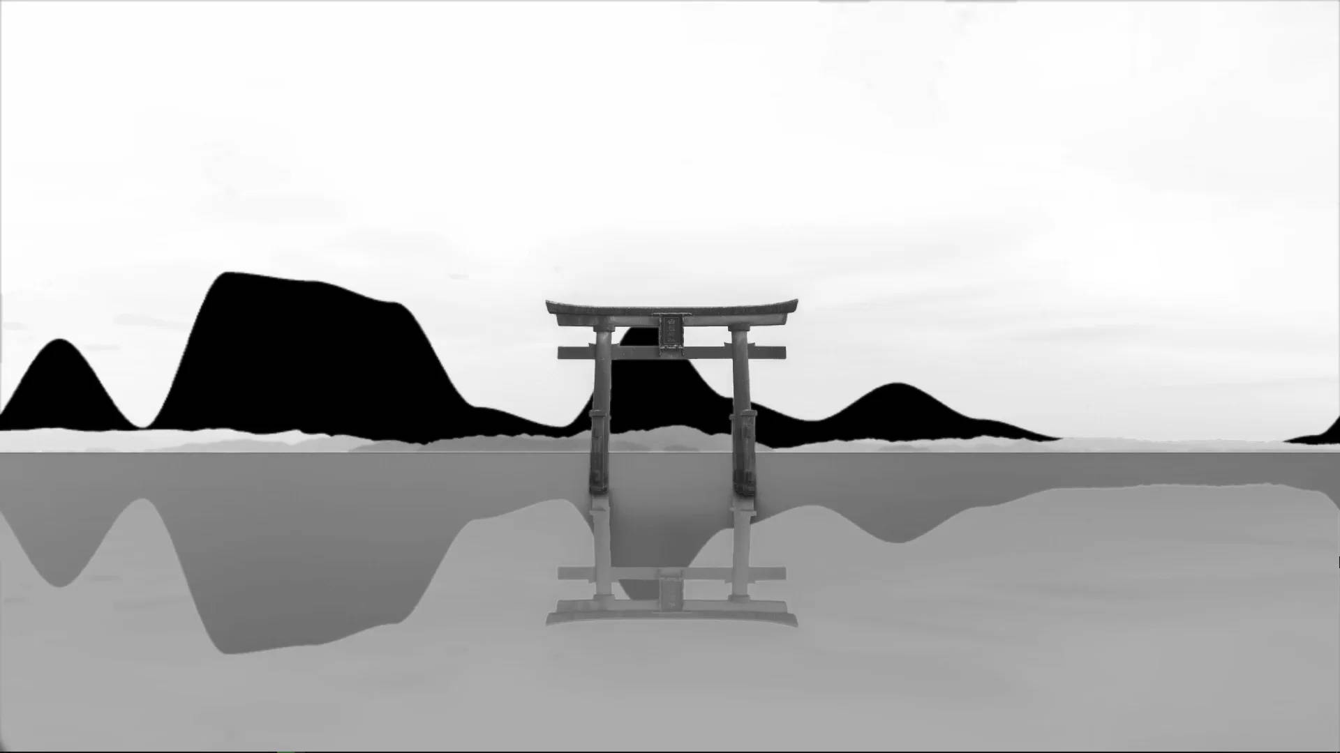 黑白鳥居 壁紙 — 一座極簡黑白鳥居矗立於平靜水面，背後有暗色山巒剪影，下方完美倒影。