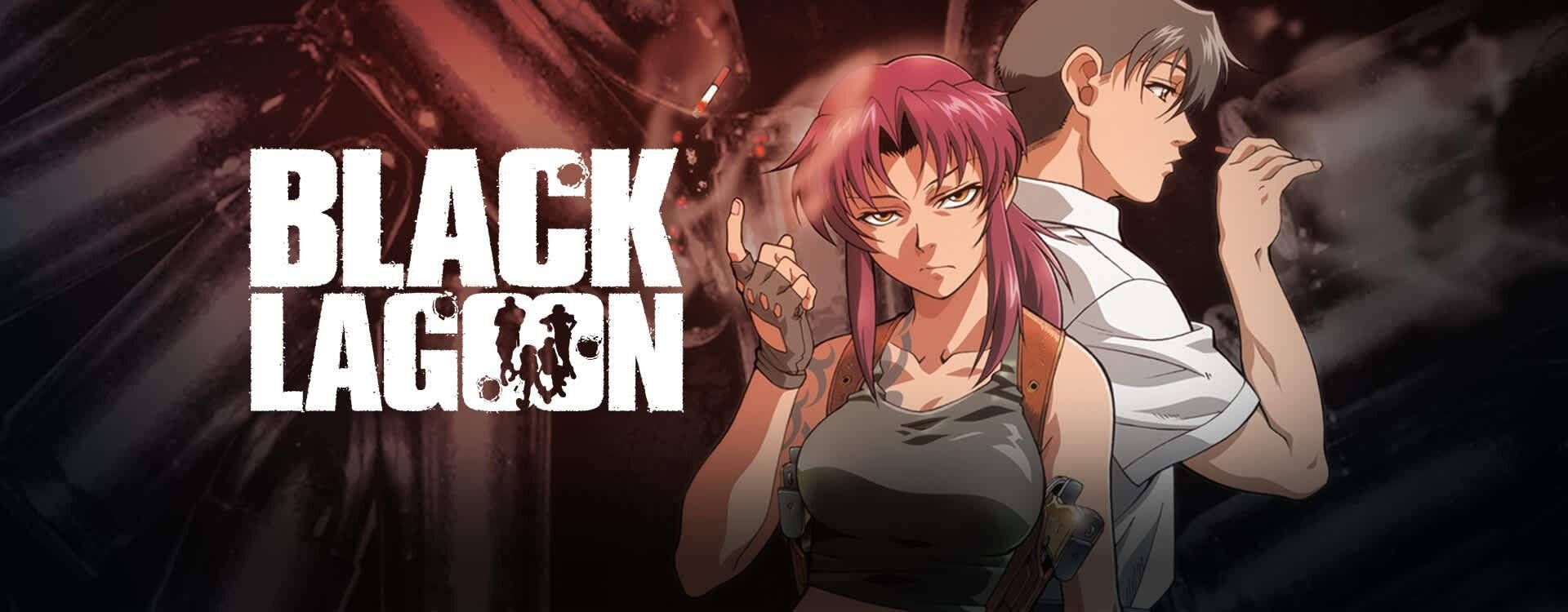 兩個動漫角色在黑暗粗糙的場景中持槍，標題為Black Lagoon。
