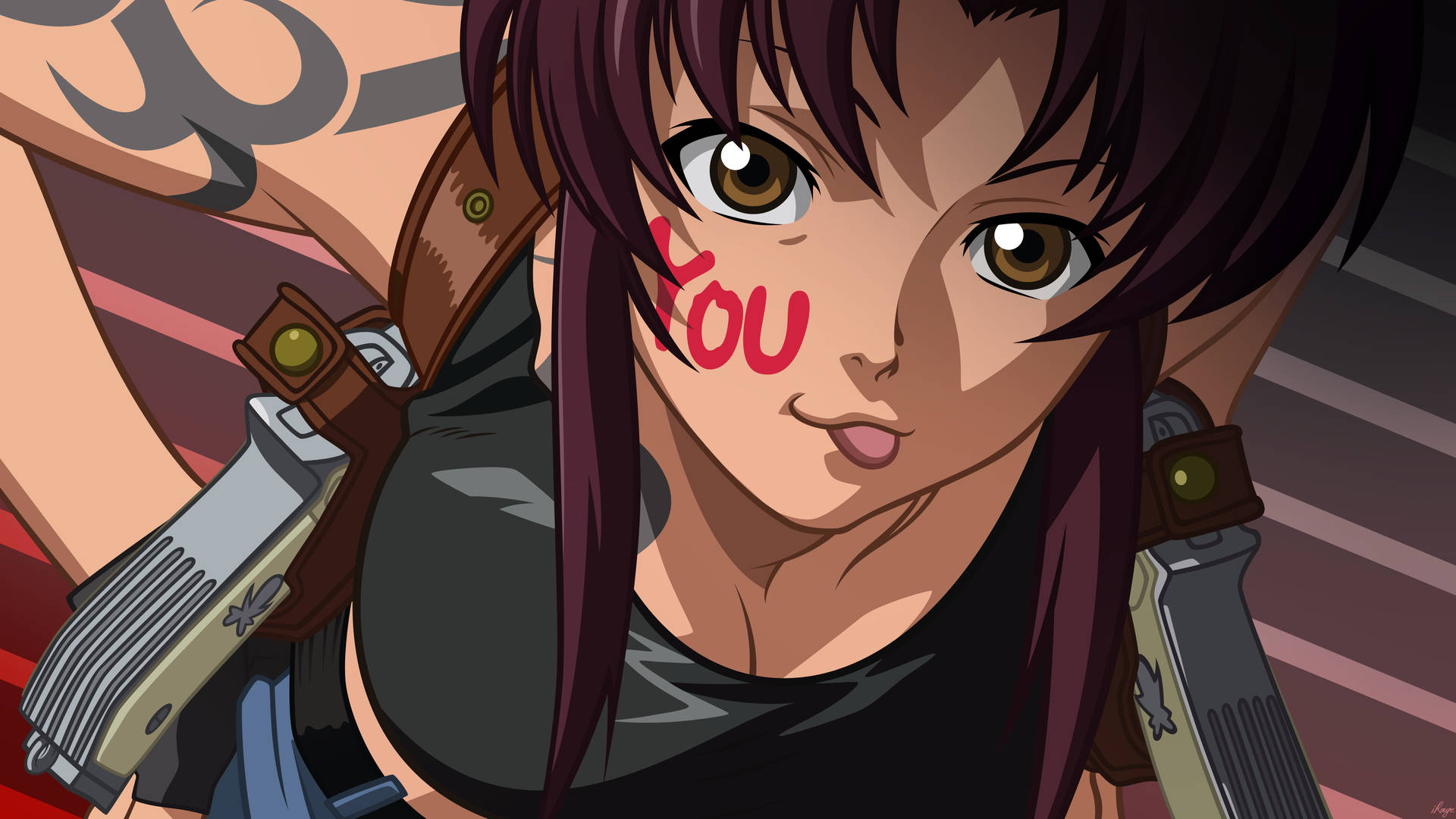 動漫女孩，紫色頭髮，背上綁著槍，臉頰上有「YOU」。