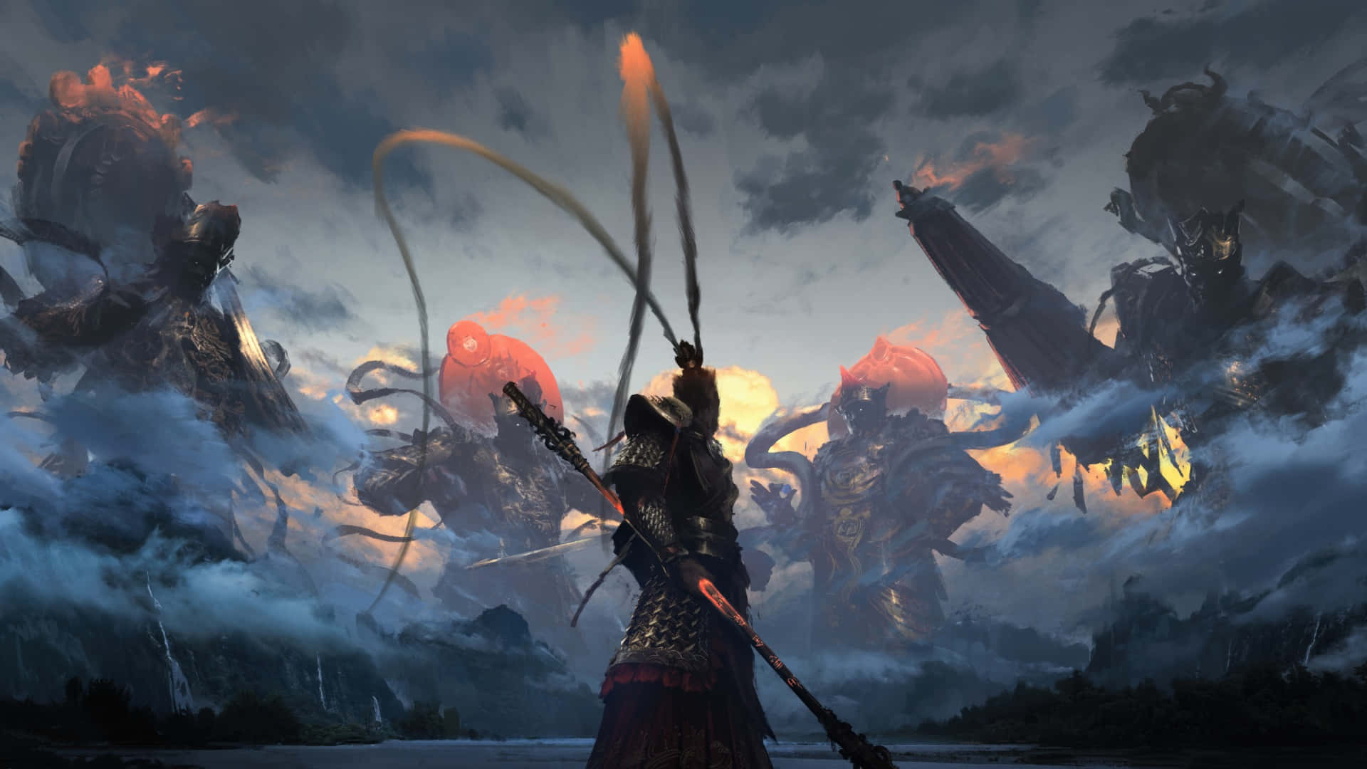 《黑神話：悟空》壯闊戰鬥 壁紙 — 一名身穿暗色盔甲的戰士揮舞著火焰法杖，對抗在黃昏時從暴風雲中升起的巨大惡魔敵人。