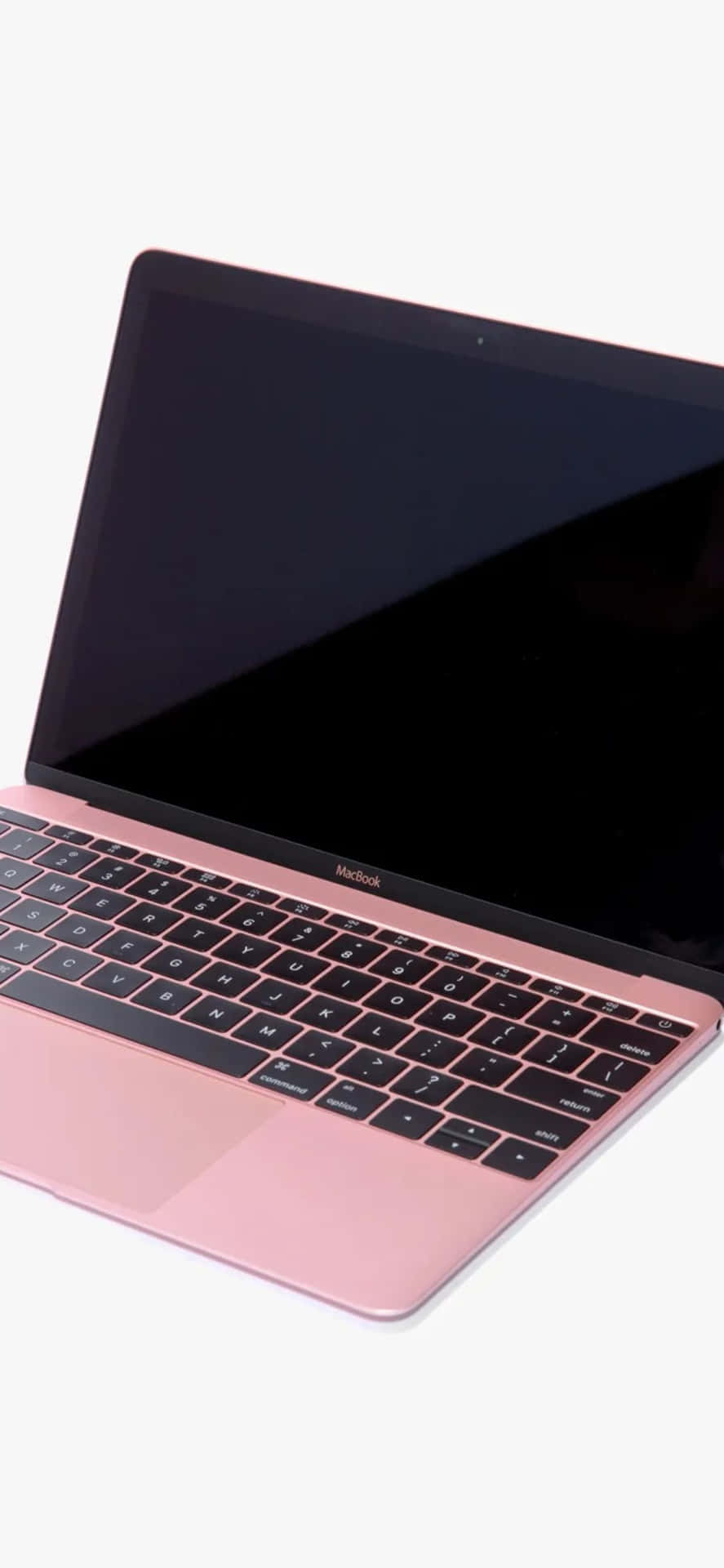玫瑰金色 MacBook 手提電腦，黑色鍵盤，白色背景