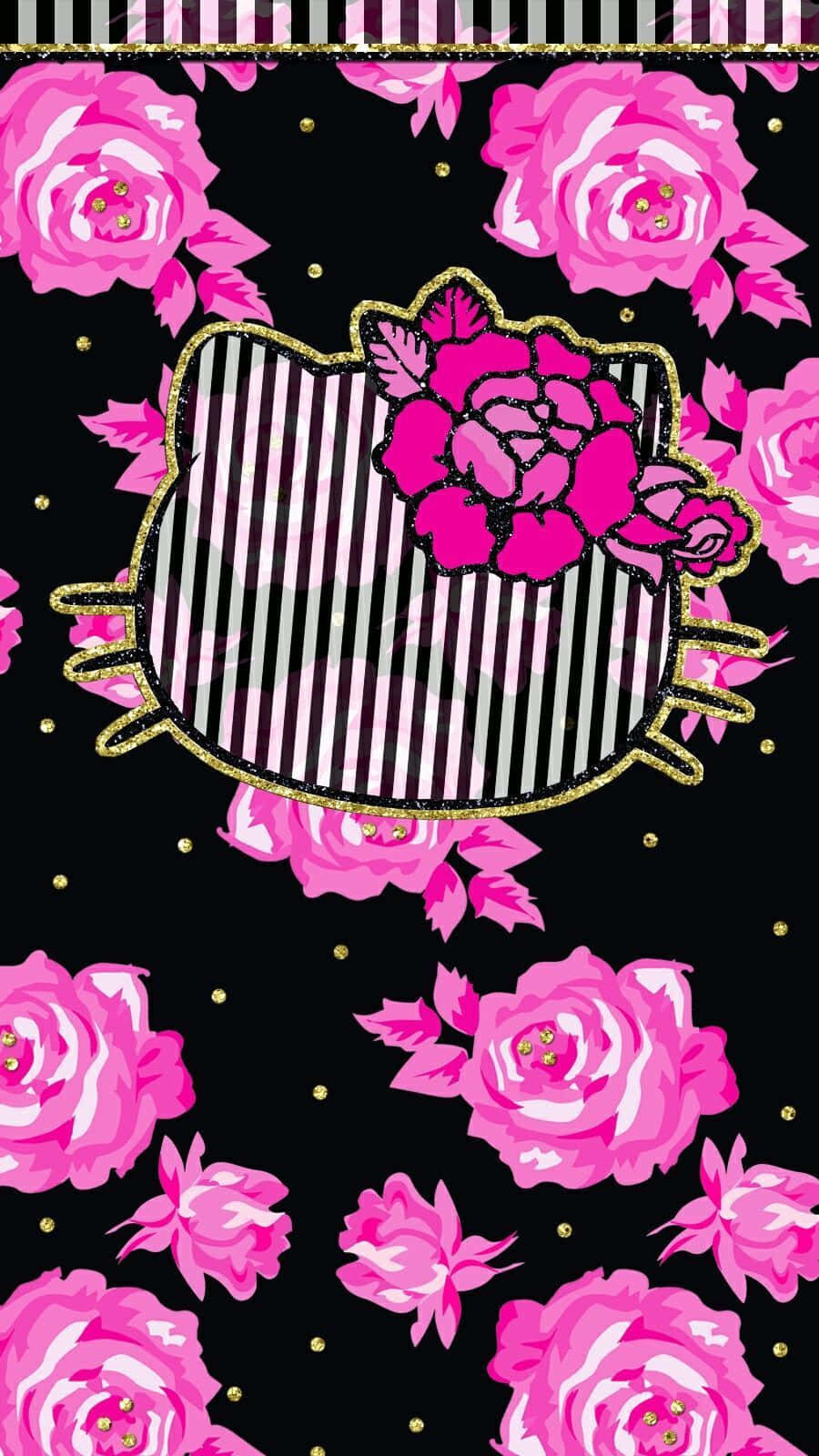 黑粉配色 iPhone Hello Kitty 與玫瑰 壁紙 — 一個大膽的粉紅玫瑰圖案圍繞著條紋Hello Kitty剪影，並在黑色背景上帶有閃閃發光的金色點綴。