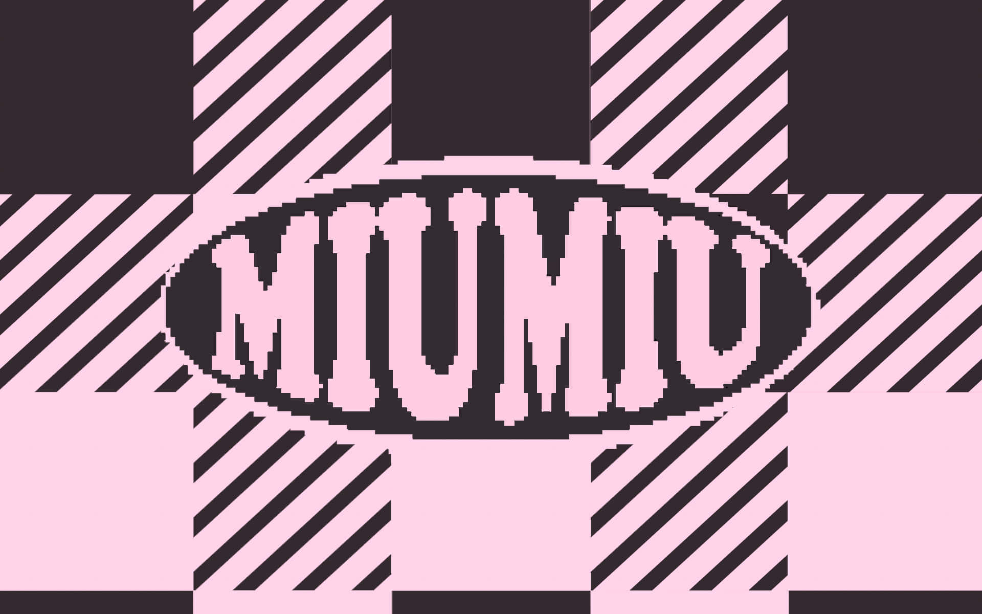 粉紅色和黑色條紋背景上的像素化Miumiu標誌