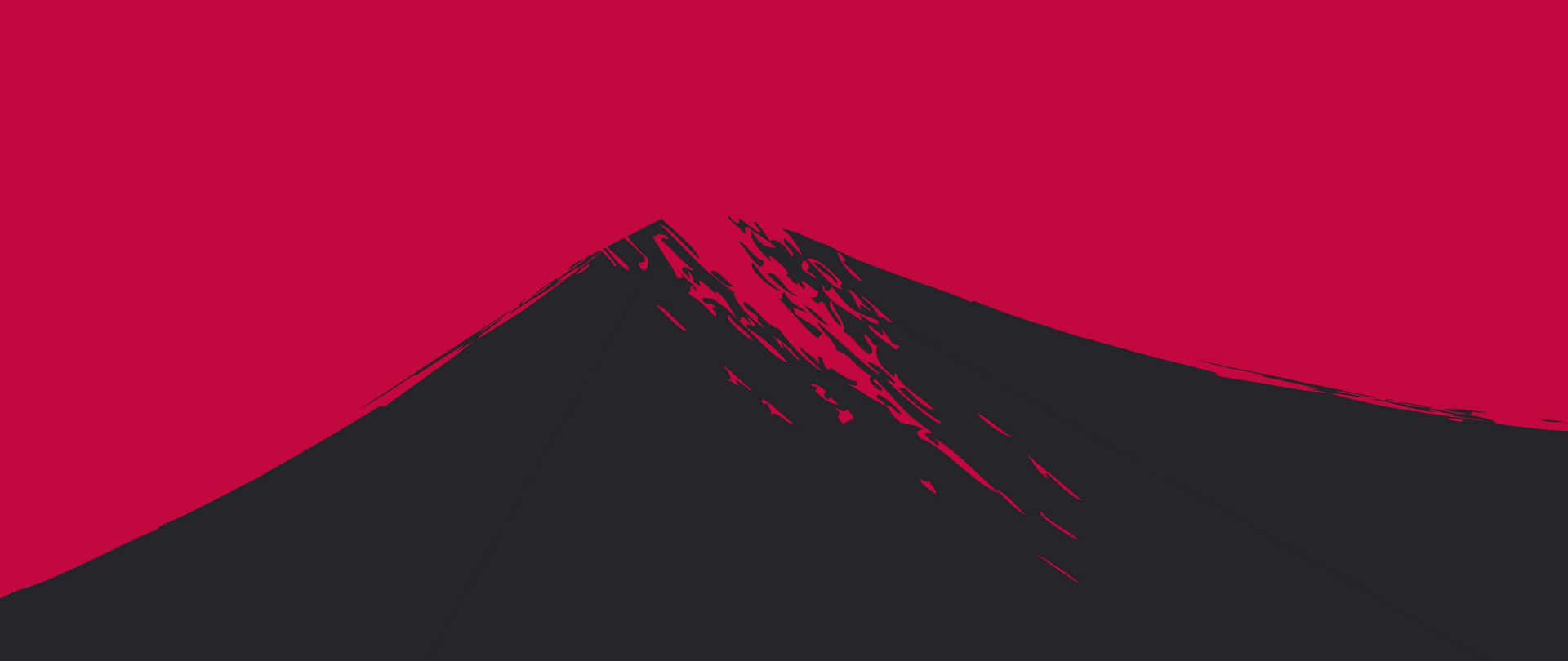 富士山的簡約圖形，黑色剪影襯托紅色天空，帶有筆觸紋理。