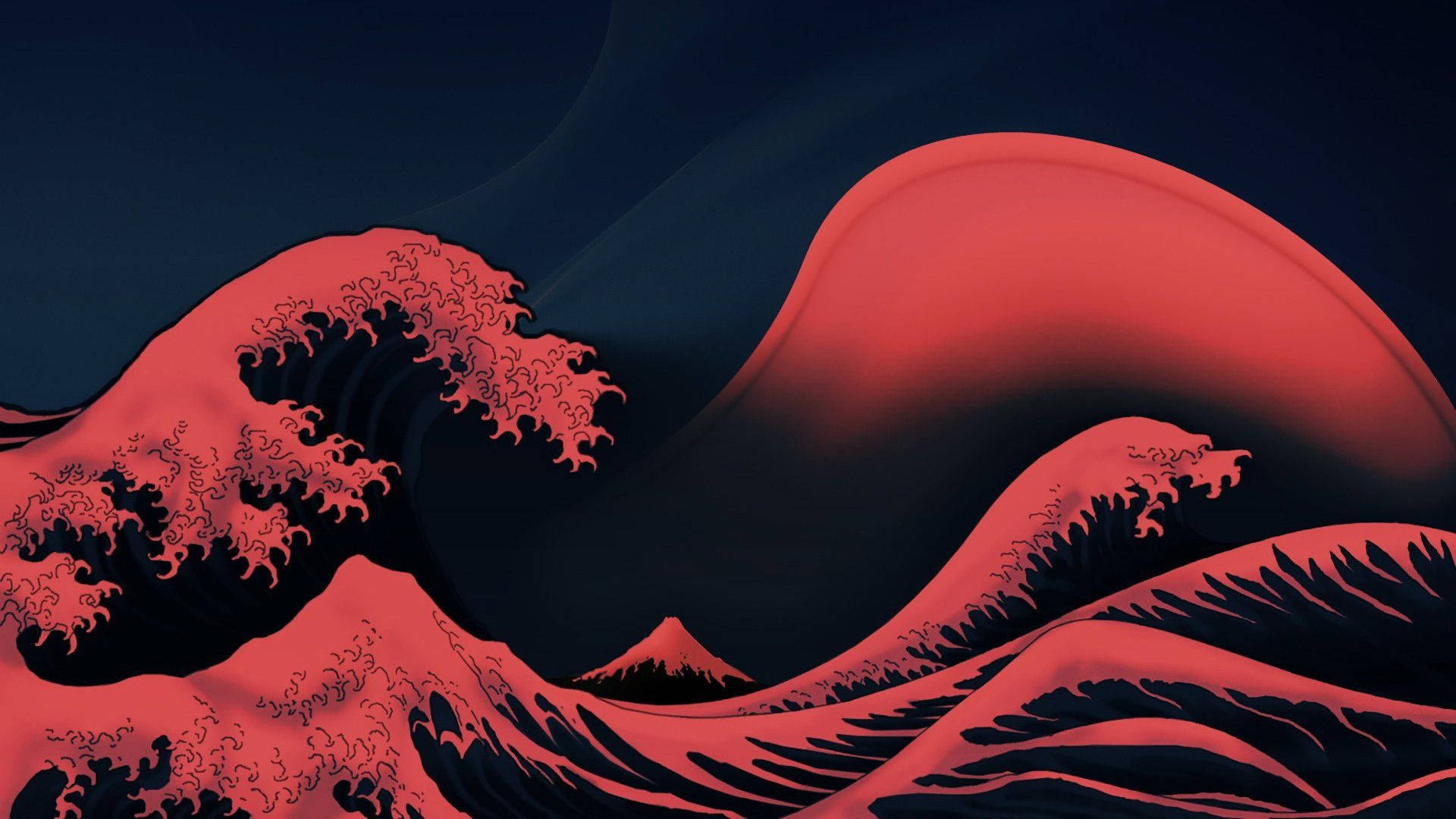 黑紅版神奈川沖浪裏 壁紙 — 一個風格化的紅色波浪戲劇性地撞擊深藍色天空，遠處有山峰。