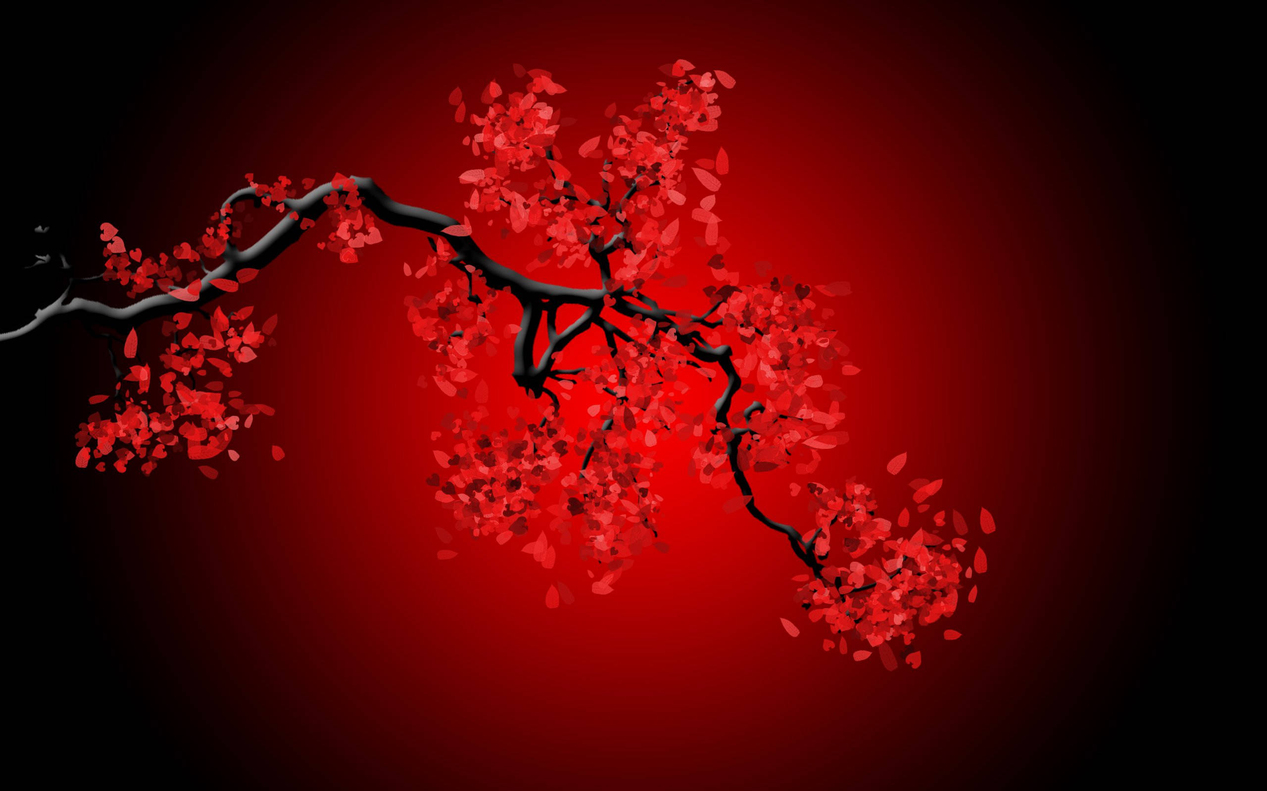 黑紅色枝頭紅葉 壁紙 — 一條鮮明的黑櫻桃枝條在漸變深紅背景下綻放出鮮豔的紅花。