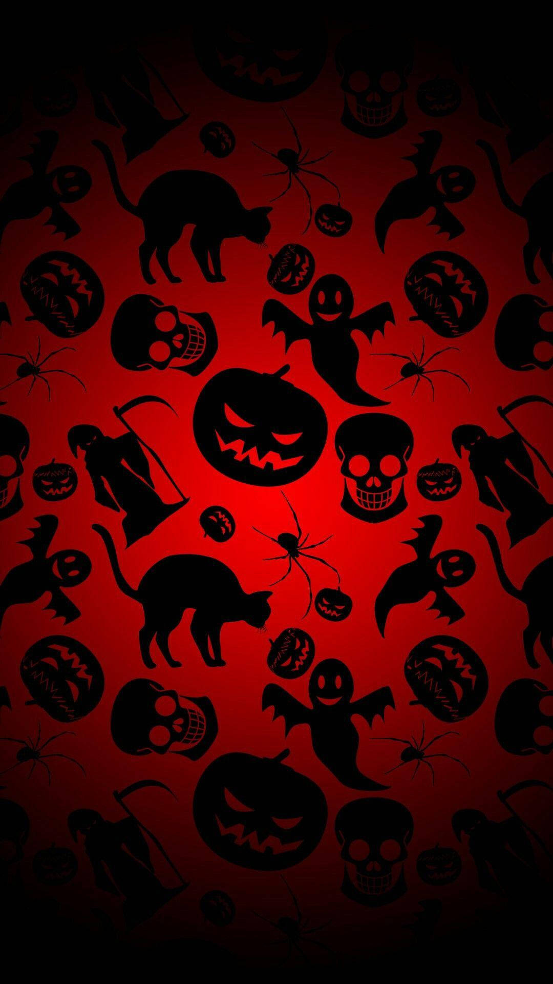 黑紅色萬聖節圖騰 壁紙 — 充滿南瓜、骷髏、蝙蝠、貓和蜘蛛的黑色萬聖節剪影的鮮紅色牆紙。