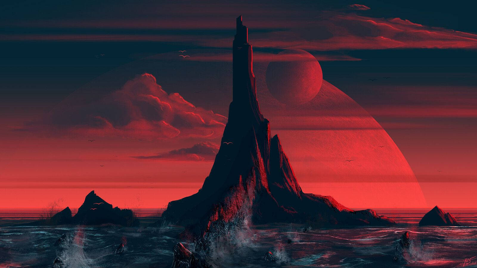 一座黑暗尖塔矗立在紅色水中，下方是暮色中發光的外星行星。