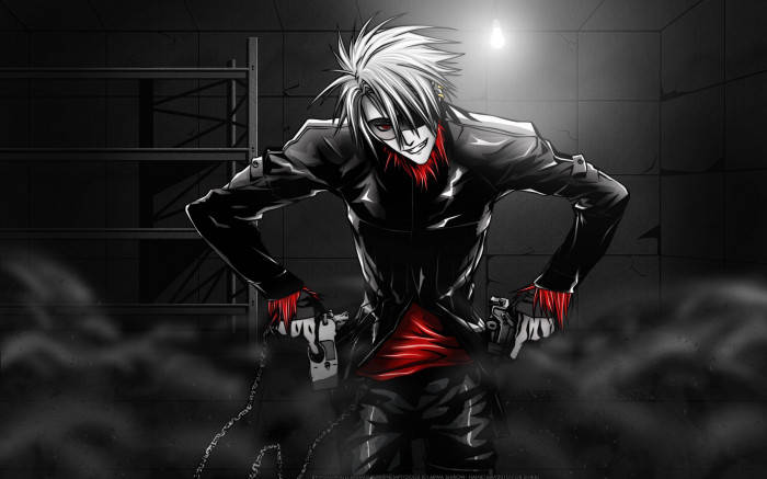 在黑暗工業環境中，擁有白髮和紅色點綴的動漫角色。