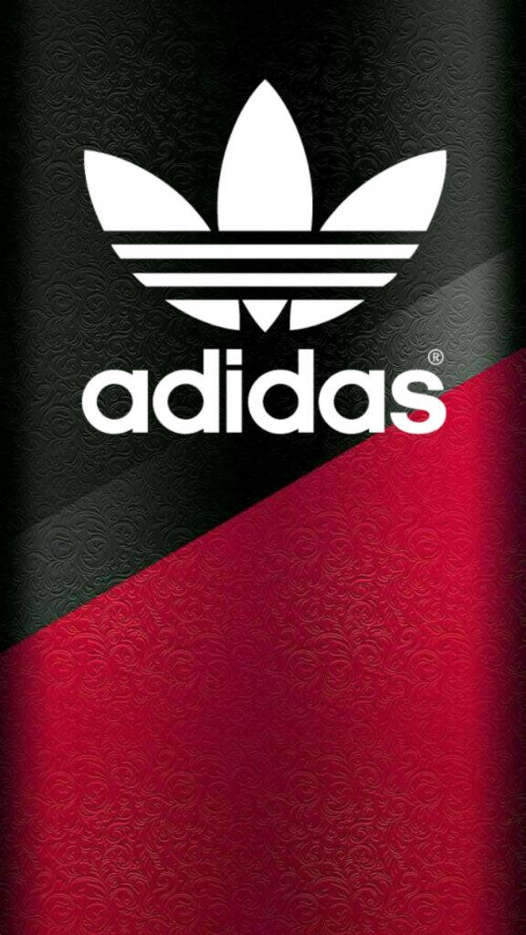 黑紅設計阿迪達斯 iPhone 壁紙 — 大膽的白色adidas標誌居中於分裂的黑色和紅色紋理背景上，帶有微妙的漩渦圖案。