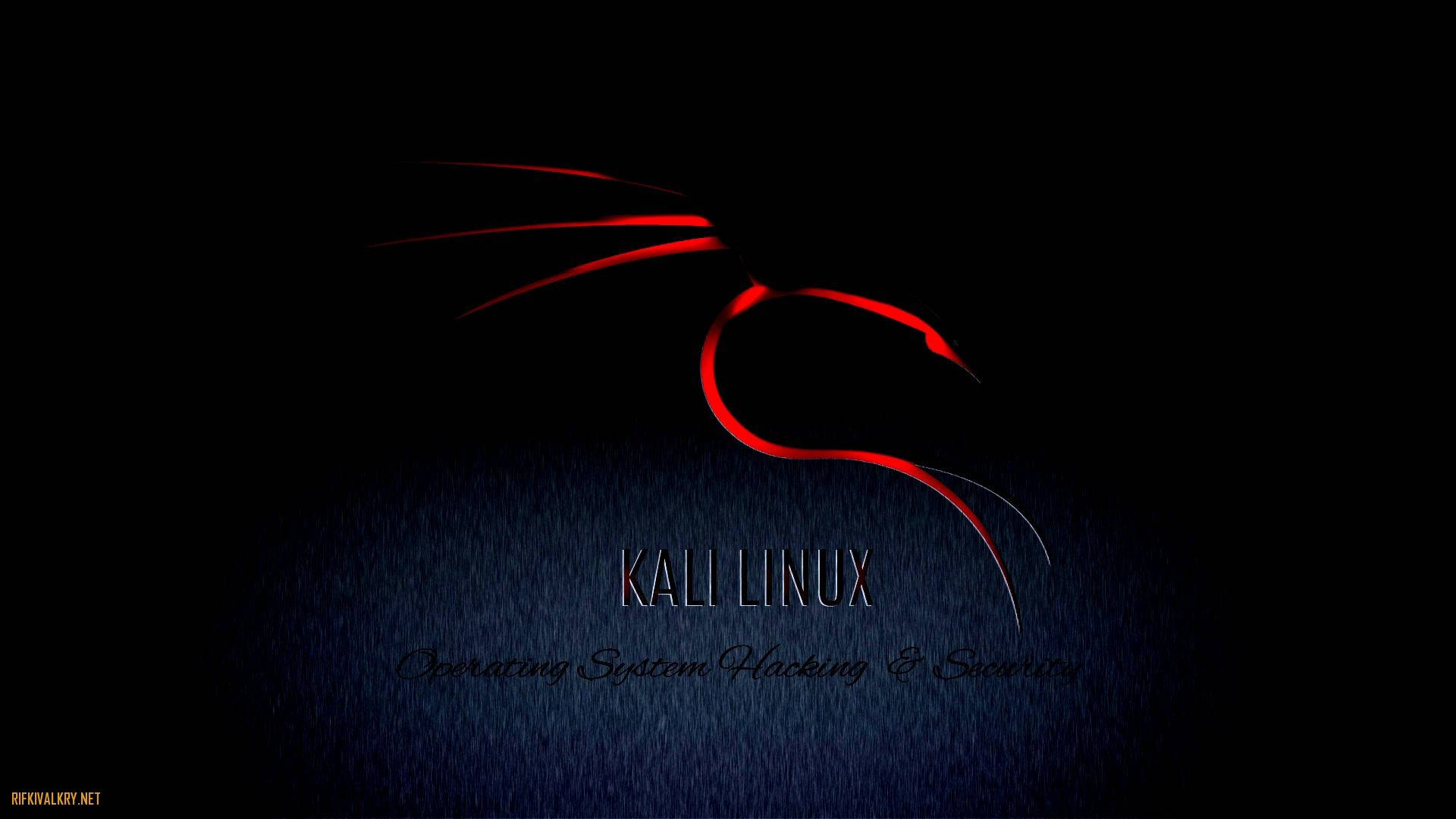 Kali Linux標誌在深藍色紋理背景上發出紅光，帶有文字