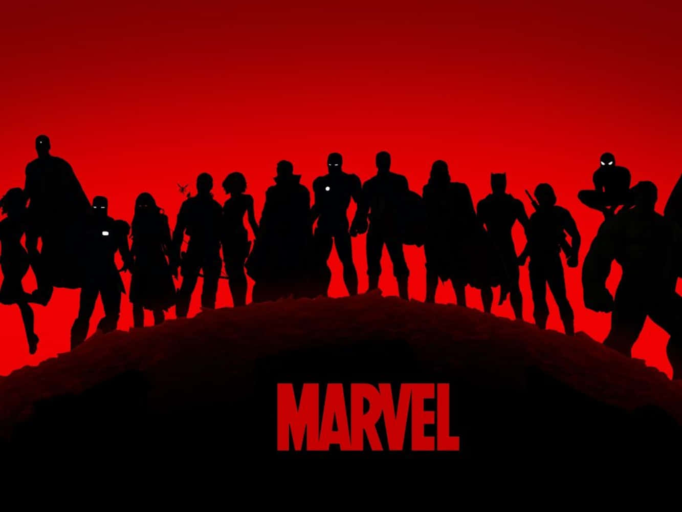 Marvel 超級英雄團隊剪影站在山丘上，背景是紅色天空。