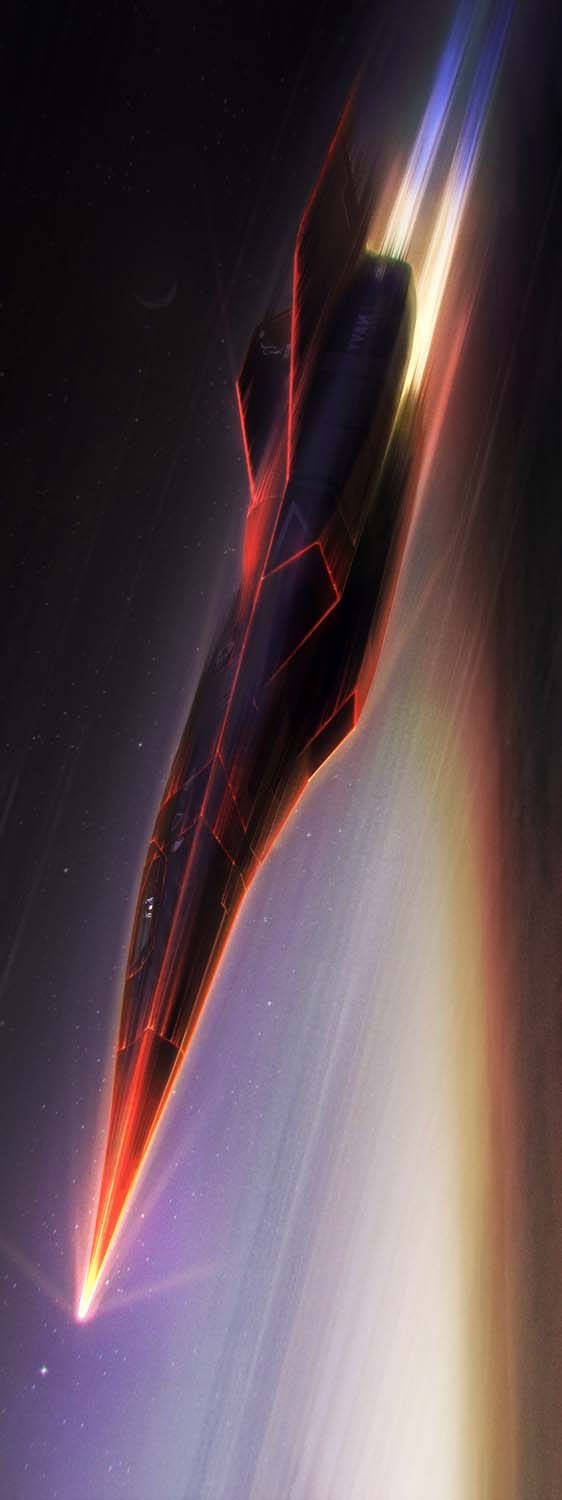 時尚黑色太空船在星際空間留下熾熱尾跡
