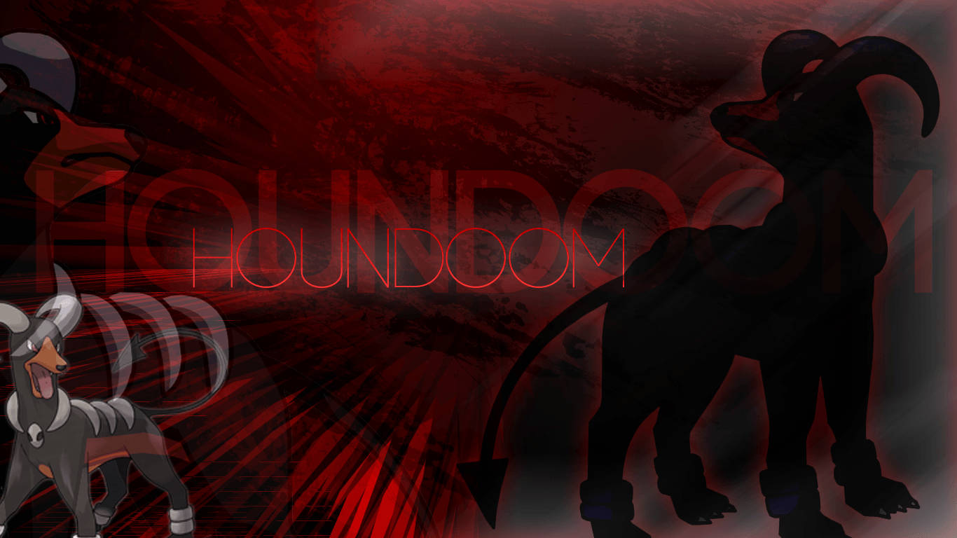 兩個Houndoom寶可夢剪影在紅色抽象背景上，帶有發光文字。