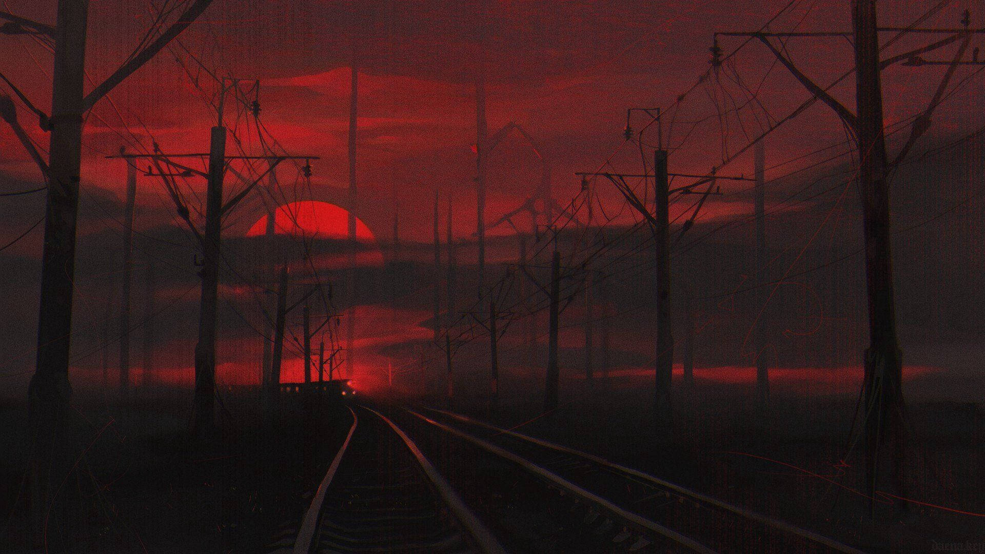 黑紅鐵路與天空 壁紙 — 令人毛骨悚然的紅色夕陽將詭異的光芒投射在廢棄的鐵軌上，鐵軌兩旁是骨架般的電線桿。