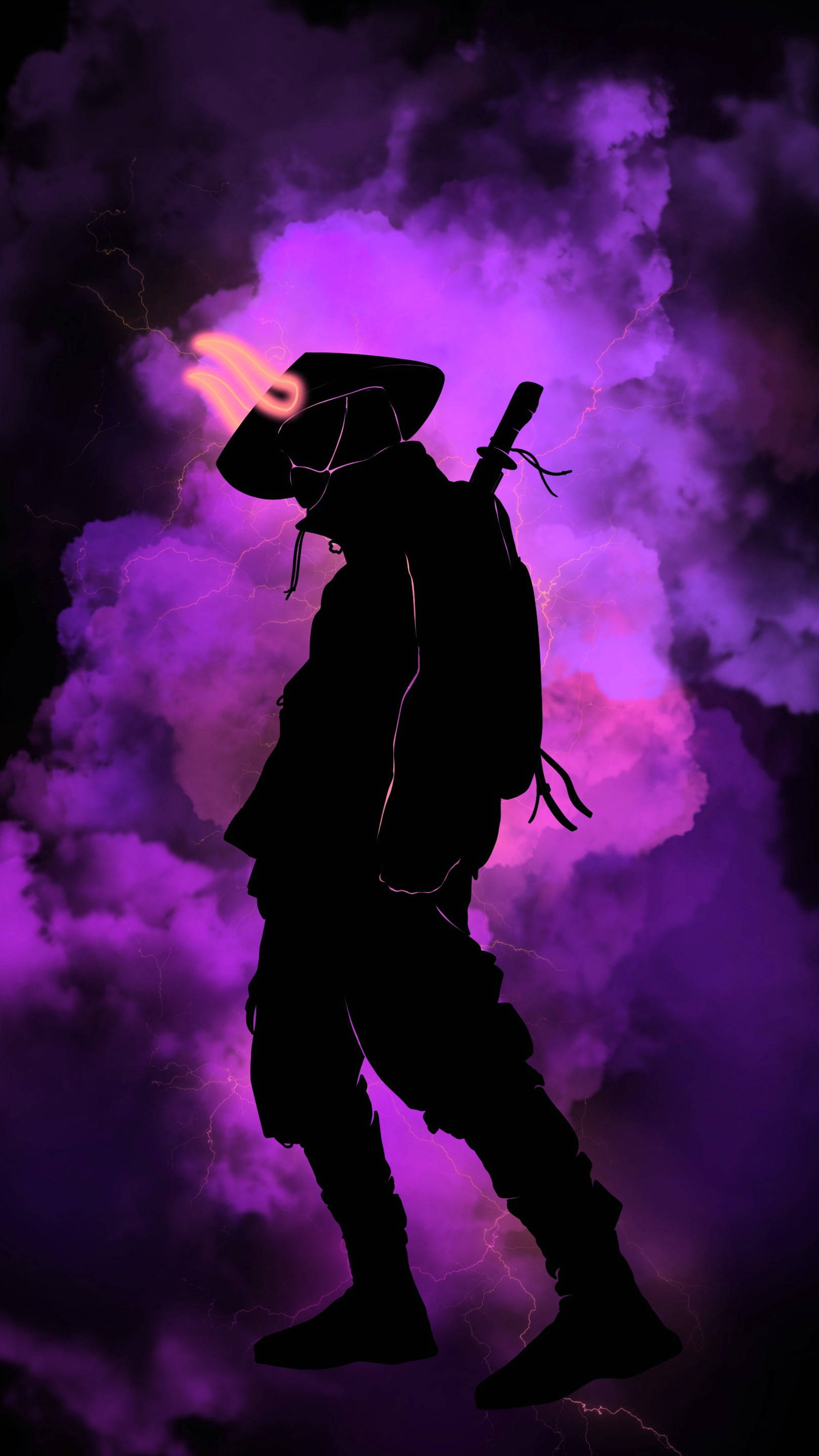 黑紫風格武士 壁紙 — 一個孤獨的牛仔剪影，在閃電交織的暴風雨紫色天空中，戴著燃燒的帽子大步前行。