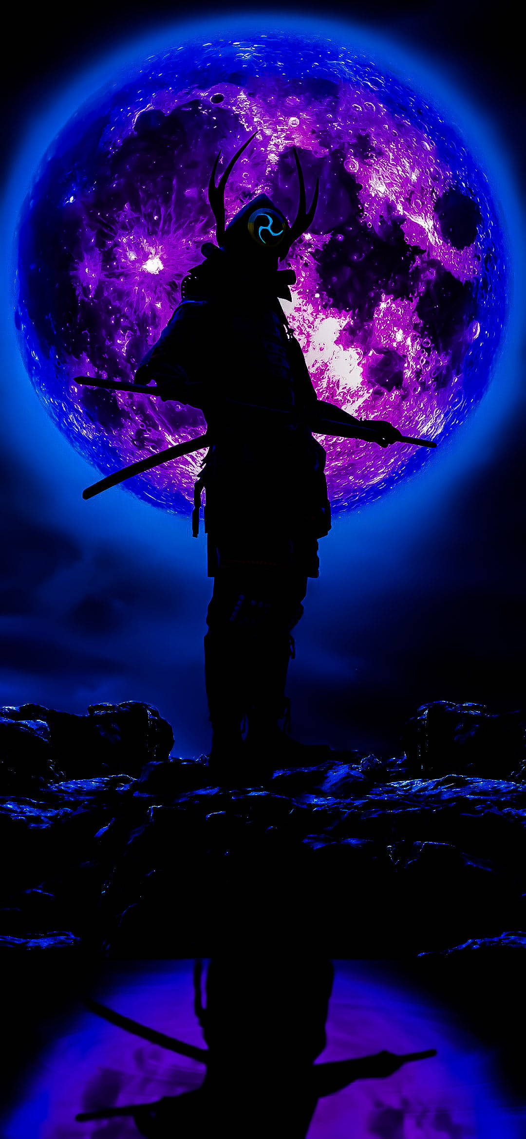 黑紫風格武士手機壁紙 壁紙 — 武士剪影站在發光的紫色月亮前，眼睛發光，劍的倒影映在水中。