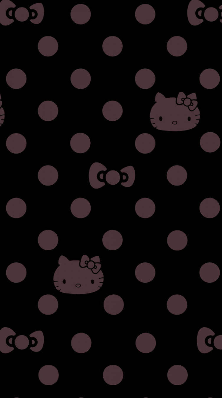 Hello Kitty 臉孔和蝴蝶結在深色圓點背景上。