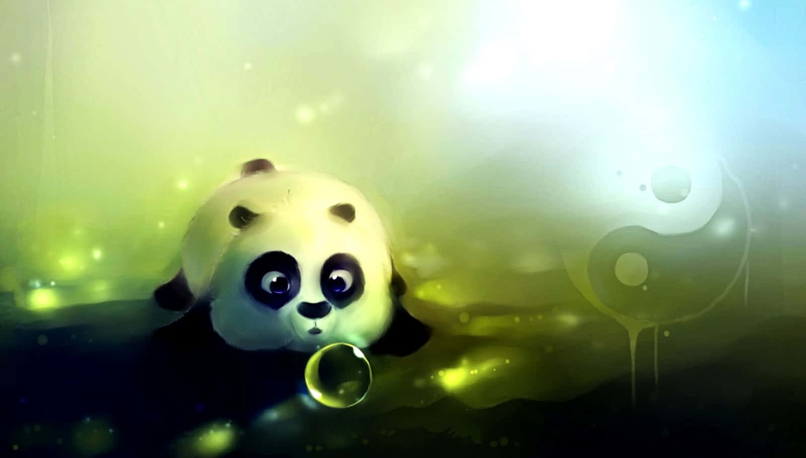 一隻卡通熊貓在帶有陰陽符號的發光神秘環境中手持泡泡。