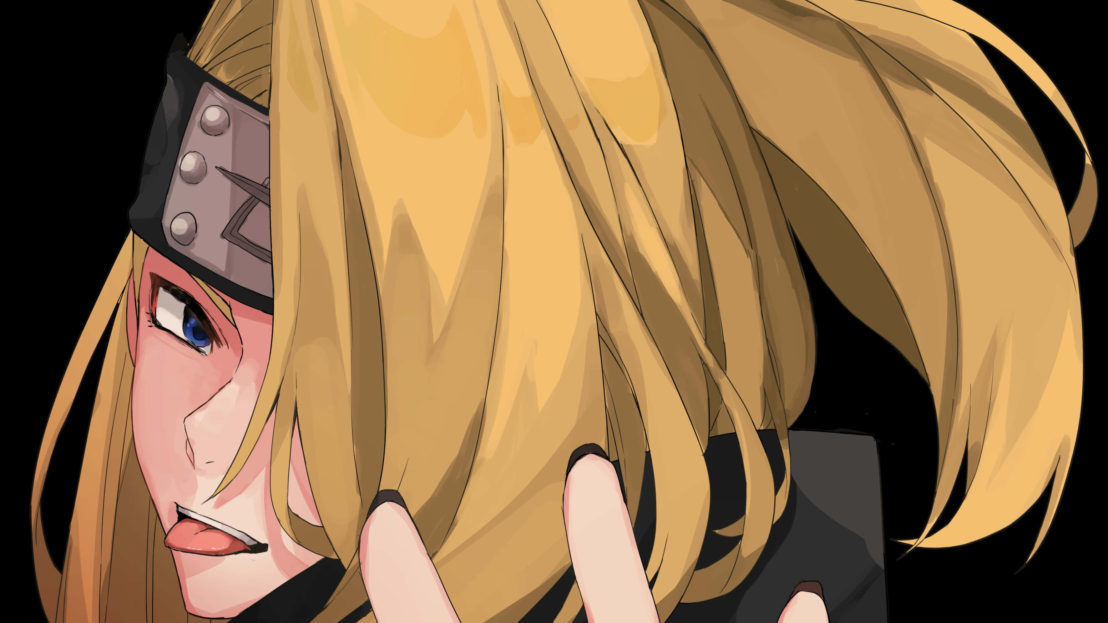Akatsuki X Deidara 桌布 壁紙 — 黑背景前，戴頭帶的金髮藍眼動漫少女特寫。
