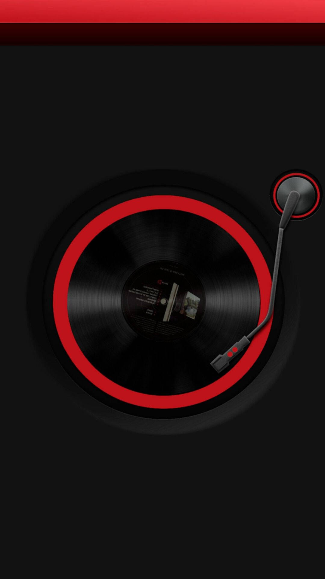 黑膠唱片旋轉於音樂手機唱盤 壁紙 — 一個極簡的黑膠唱片機，帶有發光的紅色環和唱臂，背景為黑色。