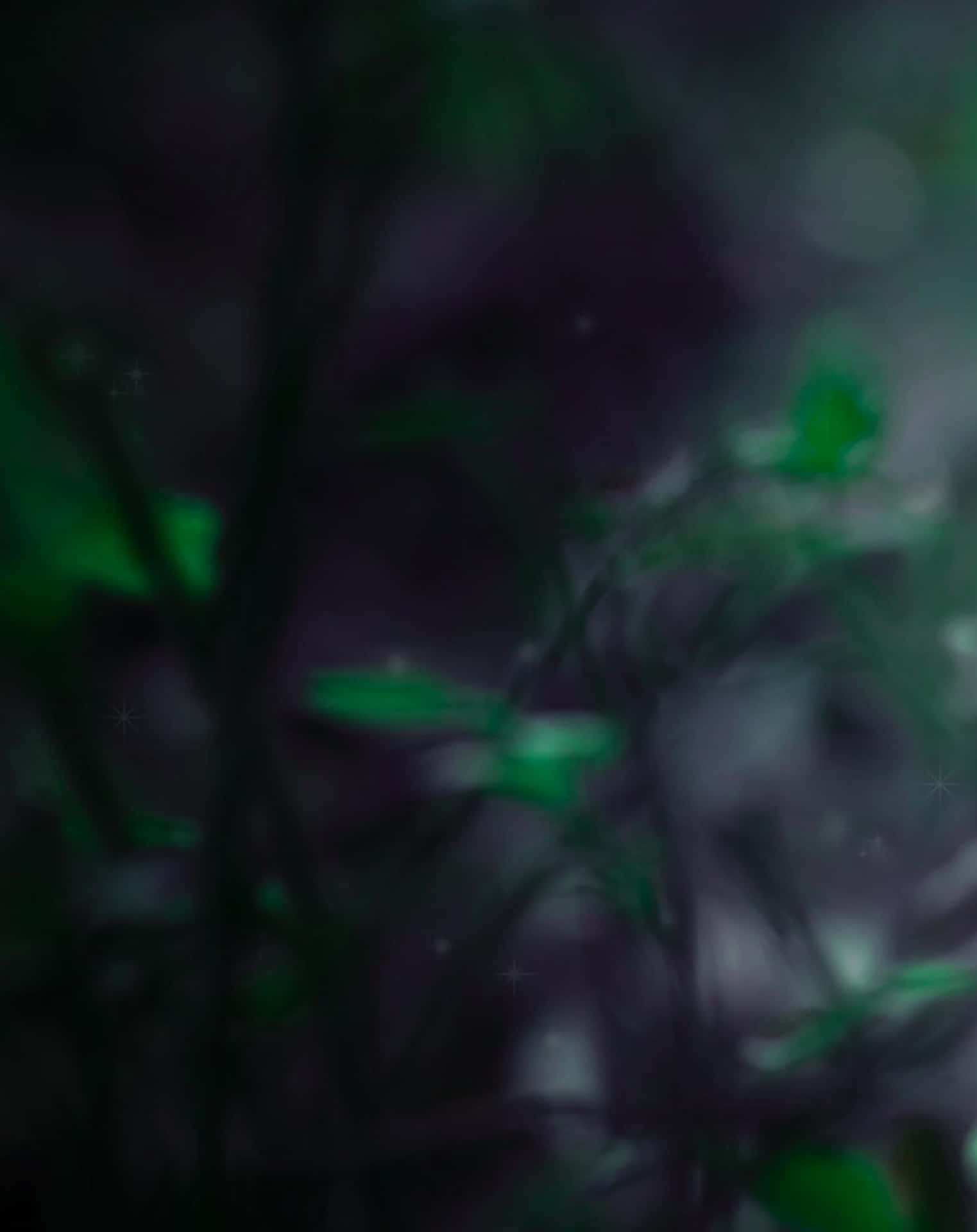 深紫色森林中發光的綠色葉子，帶有星狀火花