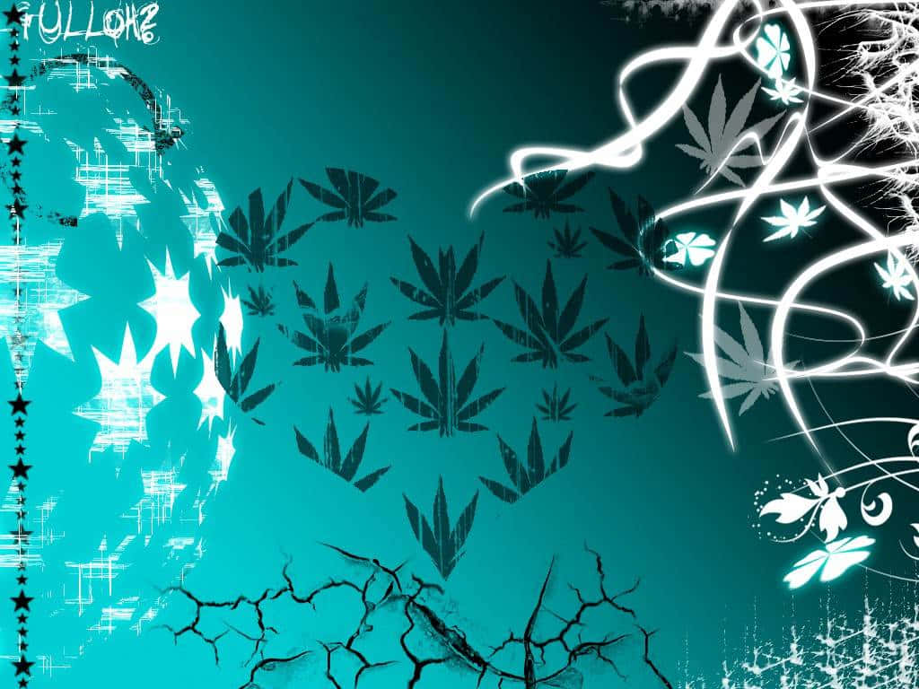 青綠色背景，帶有黑色大麻葉、白色發光漩渦和裂開的地面圖案。