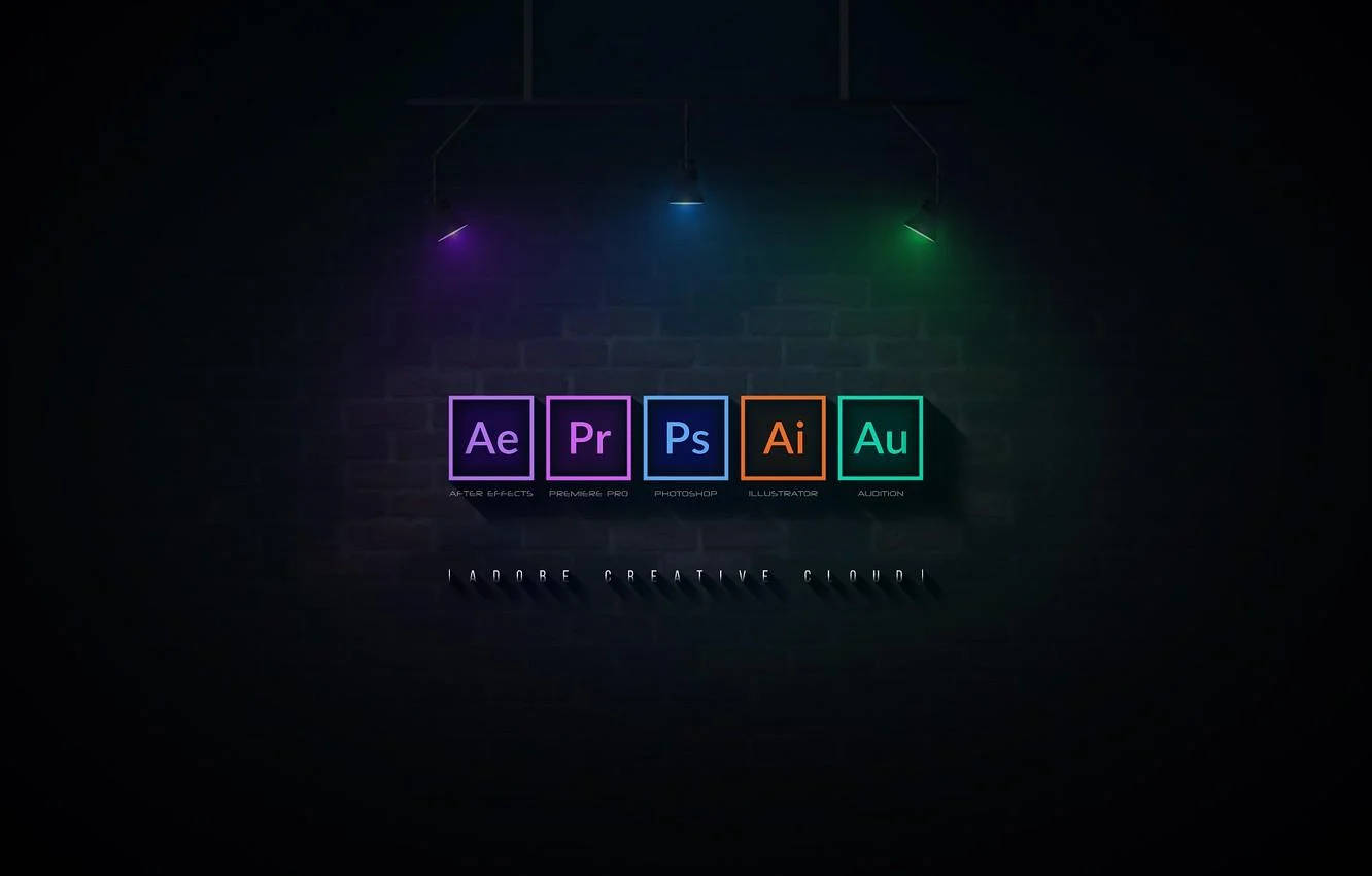霓虹燈照亮下的 Adobe Creative Cloud 應用程式圖示，在聚光燈下的磚牆上。