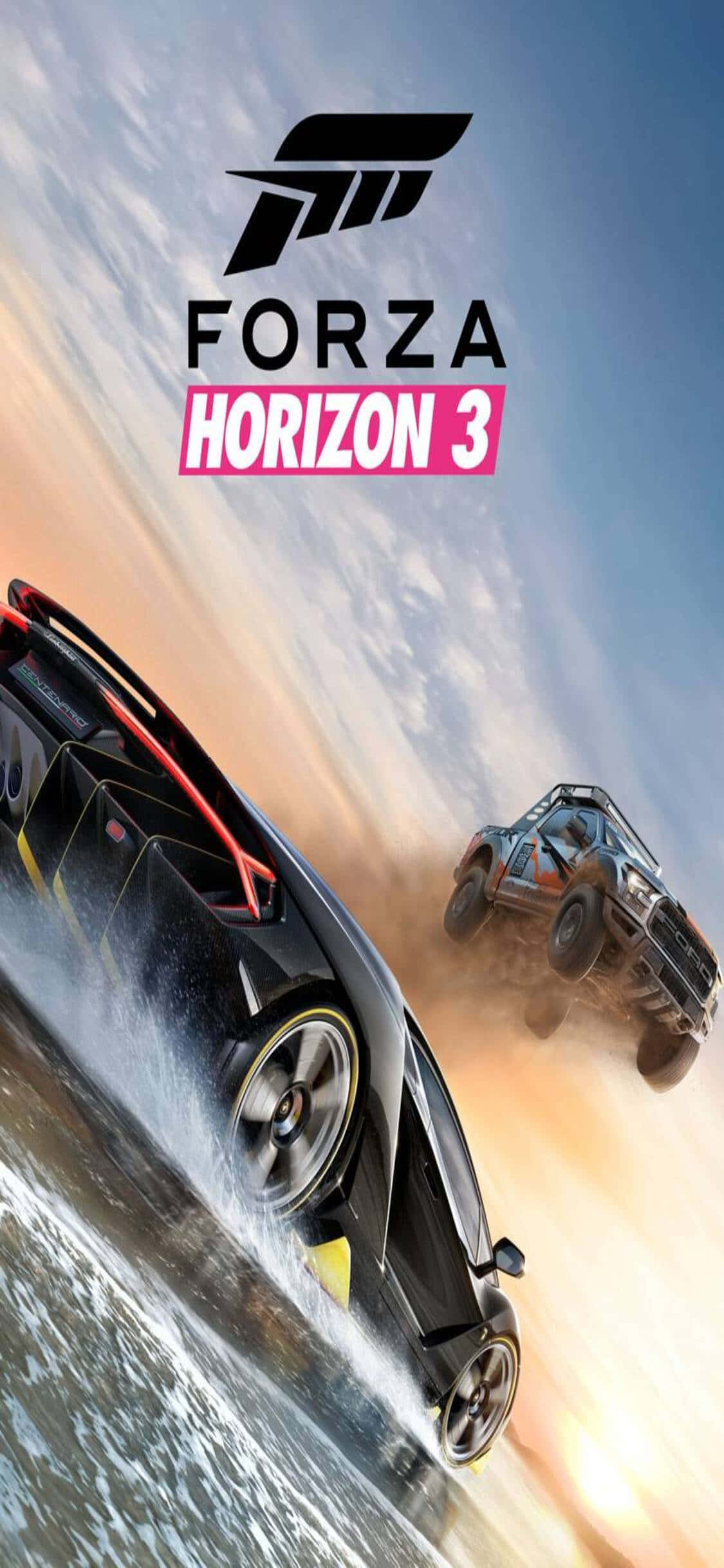 黑色 Audi R8 飛馳過河 iPhone X Forza Motorsport 7 背景 壁紙 — 兩輛高性能汽車在充滿活力的日落天空下，穿越塵土飛揚的沙漠景觀。