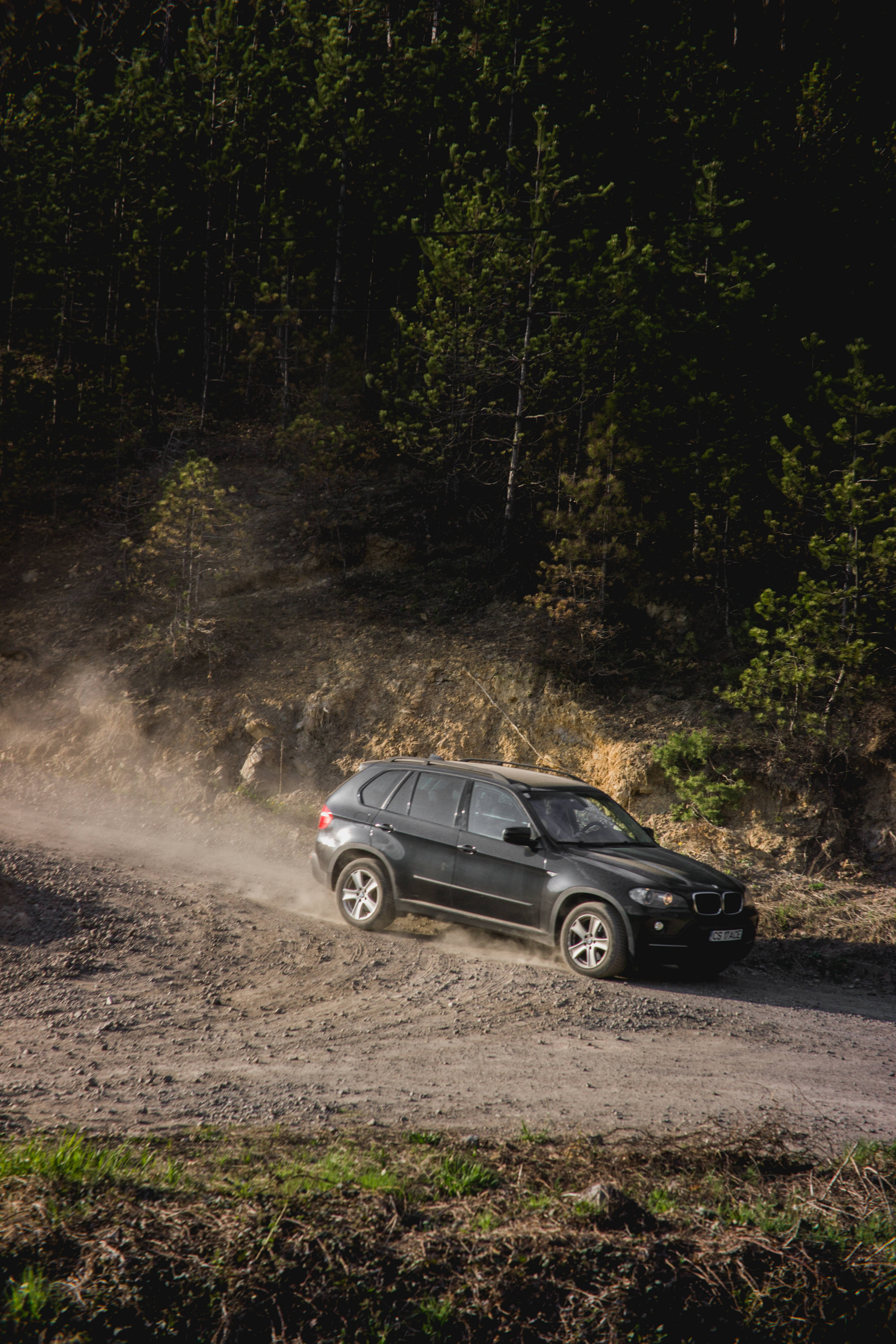 黑色 BMW X5 越野賽車 壁紙 — 一輛黑色SUV在溫暖陽光照耀的崎嶇森林小路上行駛，揚起灰塵。