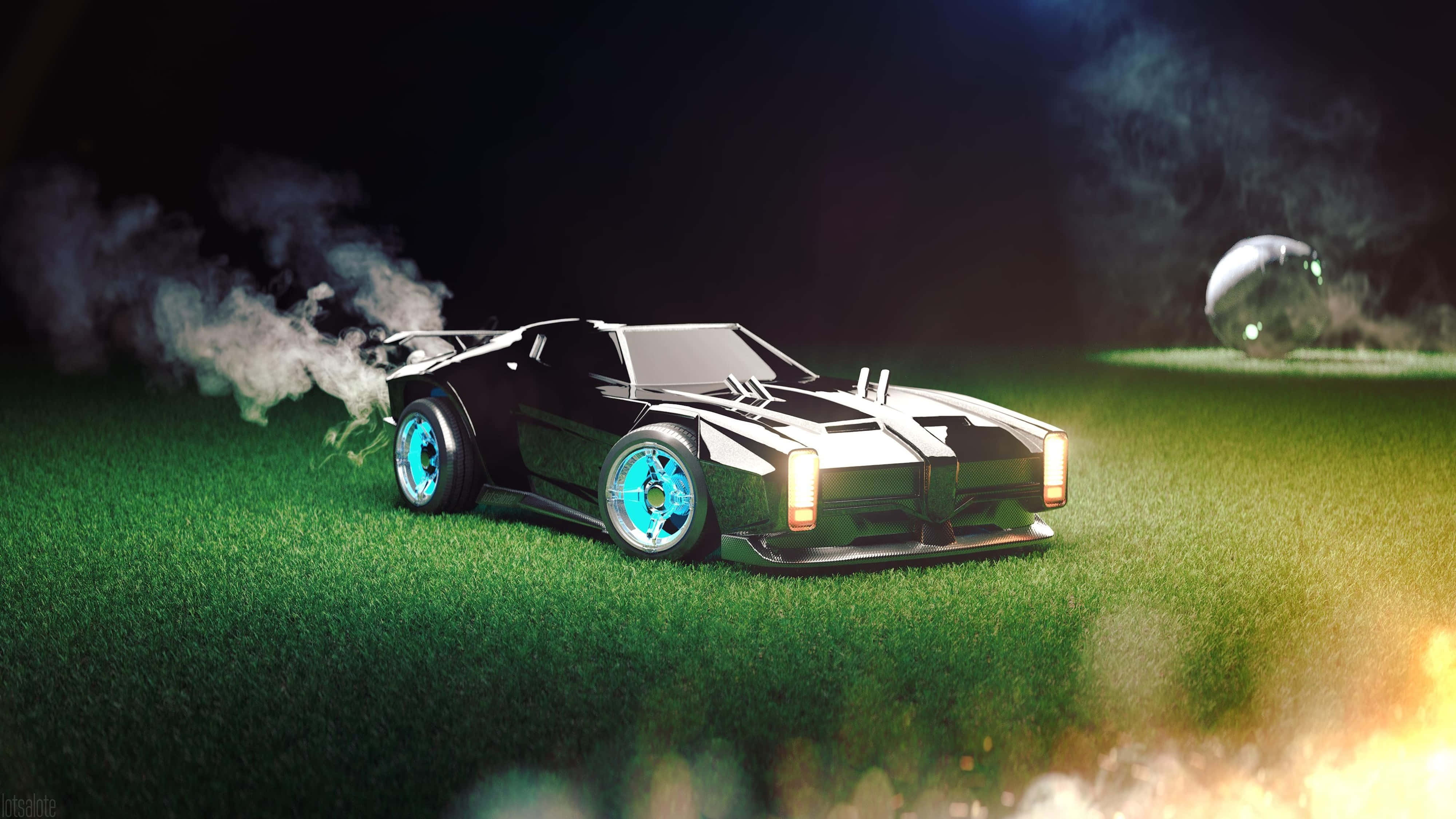 黑色 Dominus Rocket League 4K 壁紙 — 一輛時尚的黑色未來主義跑車，帶有發光的藍色車輪，夜間停在草地上，散發出煙霧和火焰般的廢氣。
