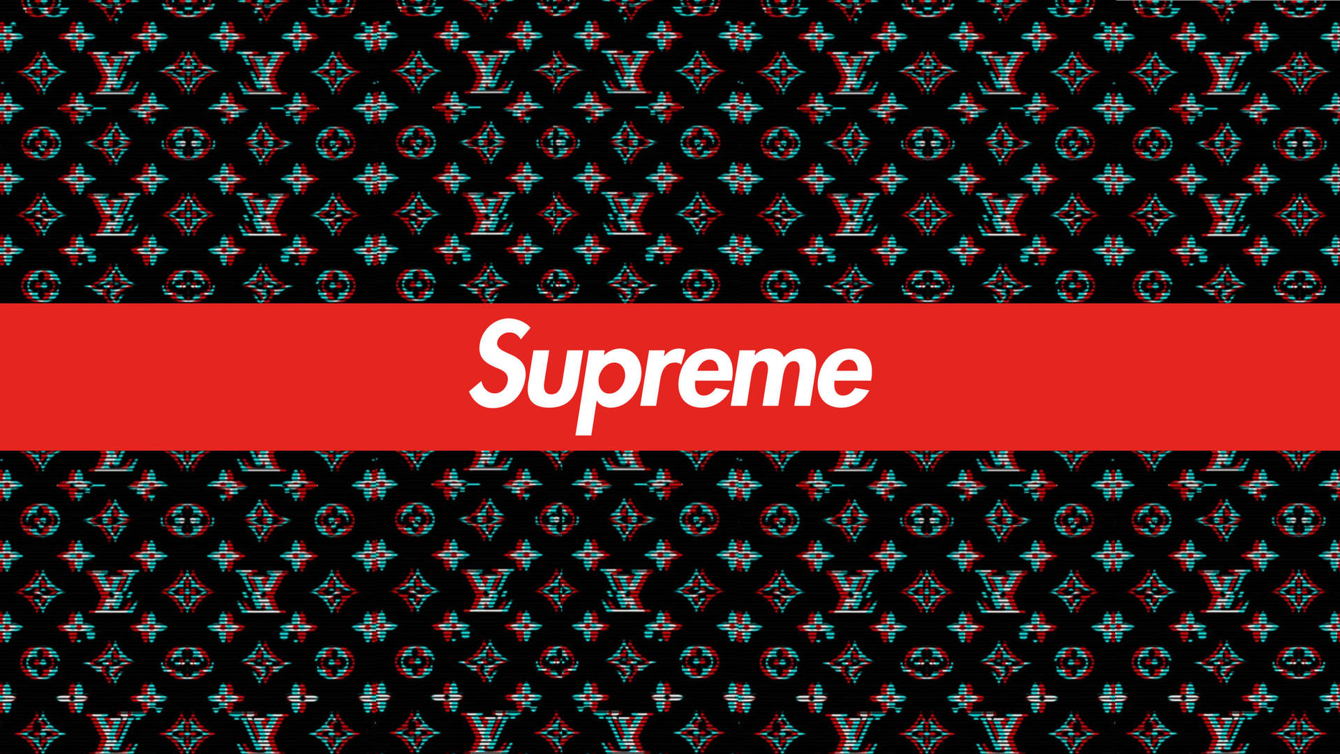 紅色Supreme標誌在故障效果Louis Vuitton字母組合圖案背景上。