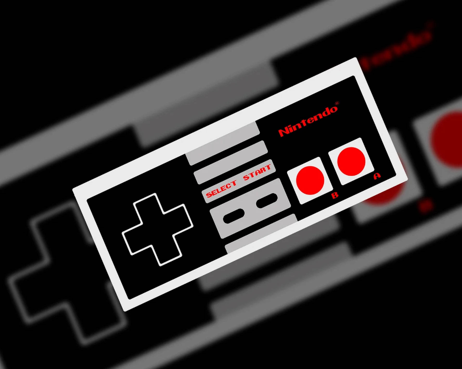 黑色 NES 控制器 壁紙 — 經典任天堂娛樂系統控制器特寫，帶有紅色按鈕和灰色方向鍵，背景模糊。