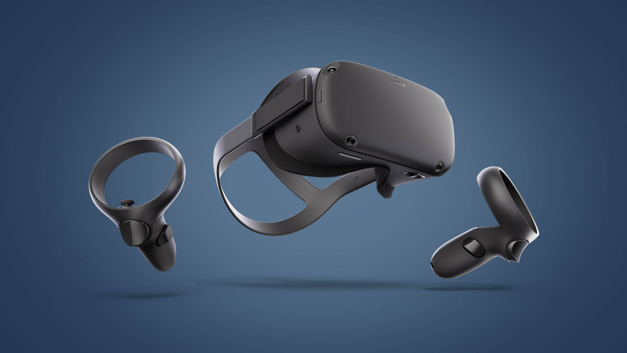 黑色 Oculus Quest 2 模型 壁紙 — 漂浮的黑色VR頭戴式裝置和控制器，背景為漸變藍色，帶有柔和陰影。