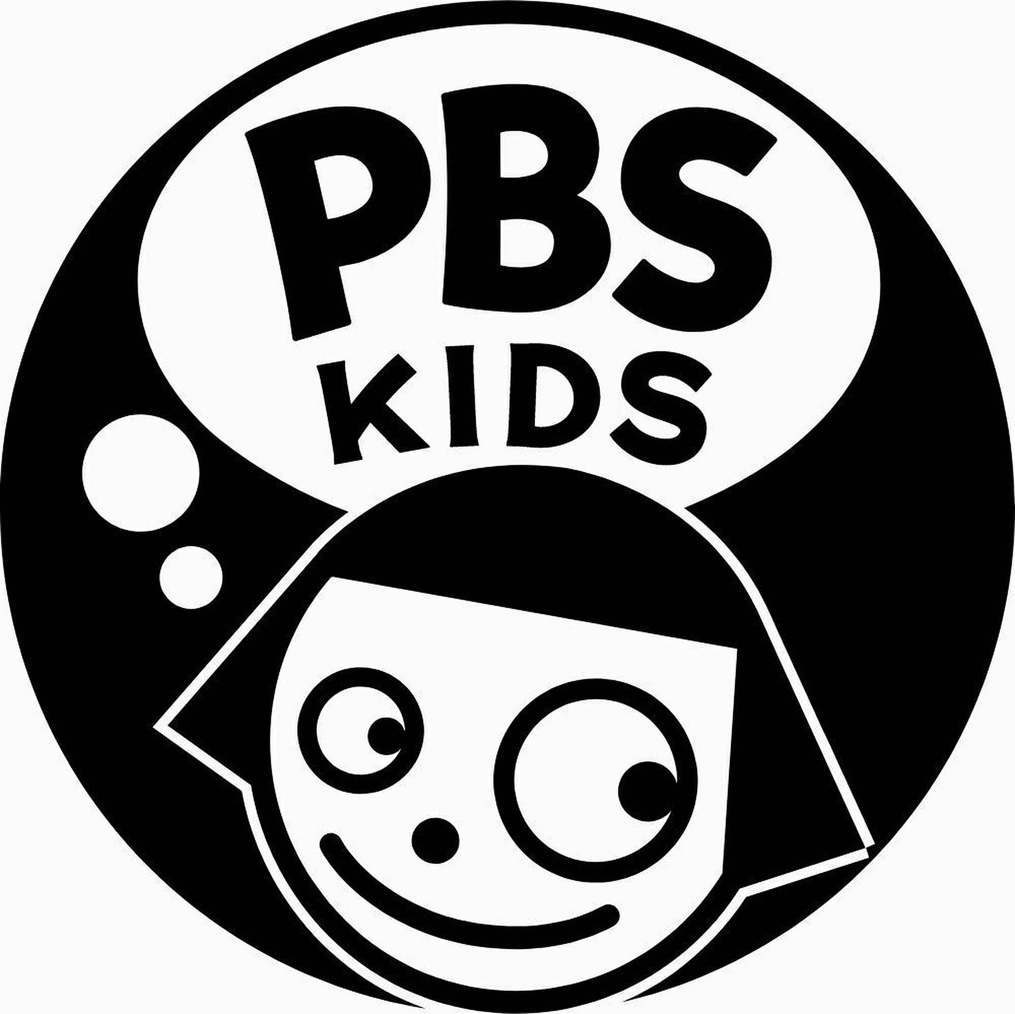 黑色 PBS Kids 標誌 壁紙 — 一個大膽的黑白圓形標誌，上面有一個微笑的卡通小孩，大眼睛，還有文字 PBS KIDS。