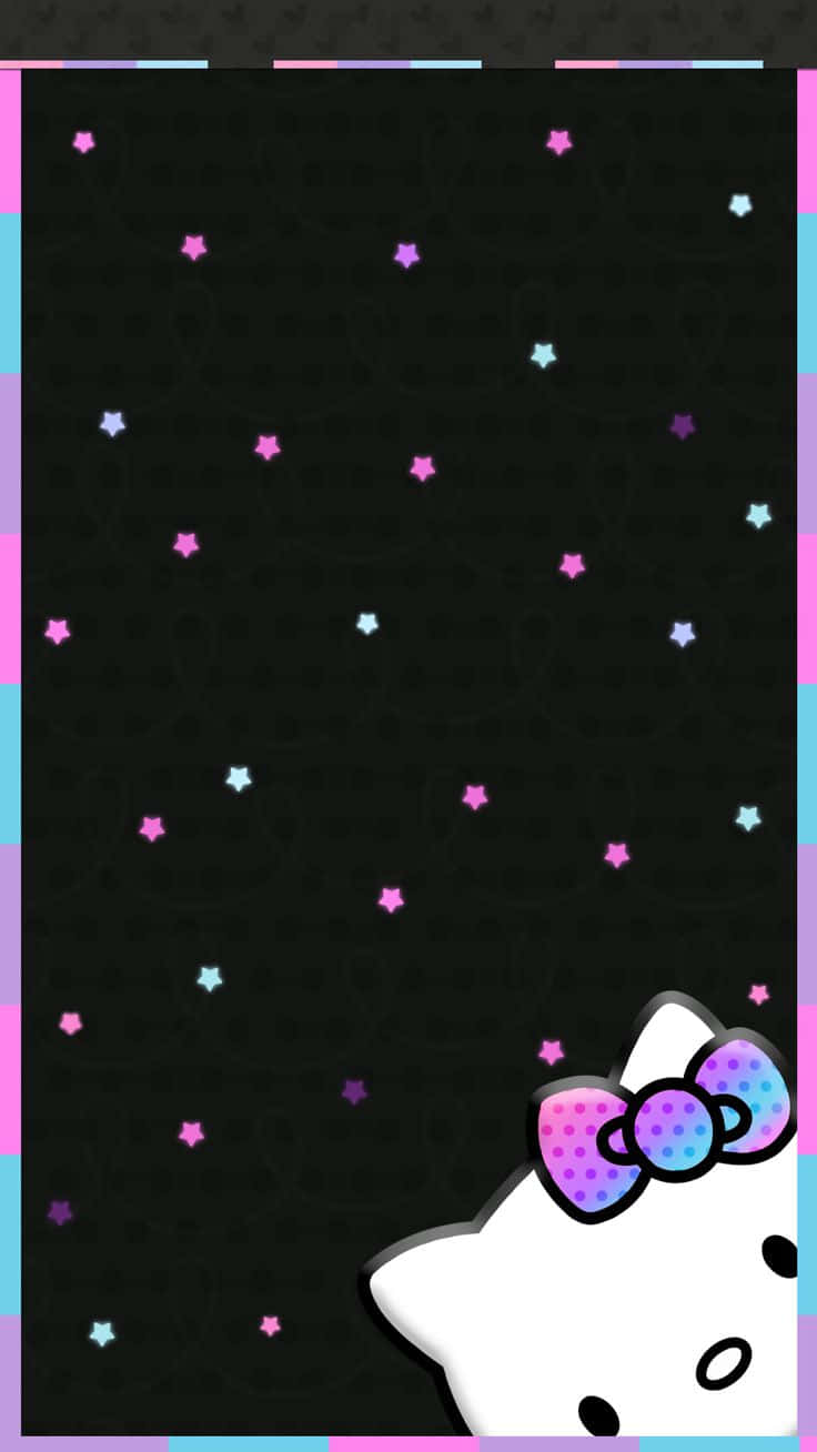 黑色 Sanrio 手機壁紙 壁紙 — Hello Kitty 從右下角探出頭來，背景是黑色，點綴著彩色星星和充滿活力的柔和邊框。