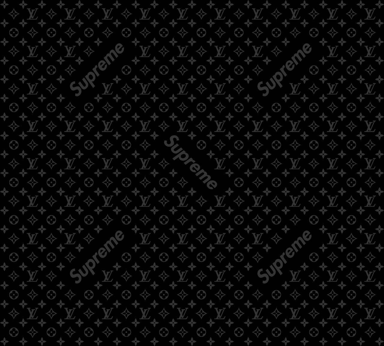 黑色 Supreme 與 Louis Vuitton 圖案 壁紙 — 黑色背景，重複的路易威登字母圖案和對角線的Supreme標誌，灰色。