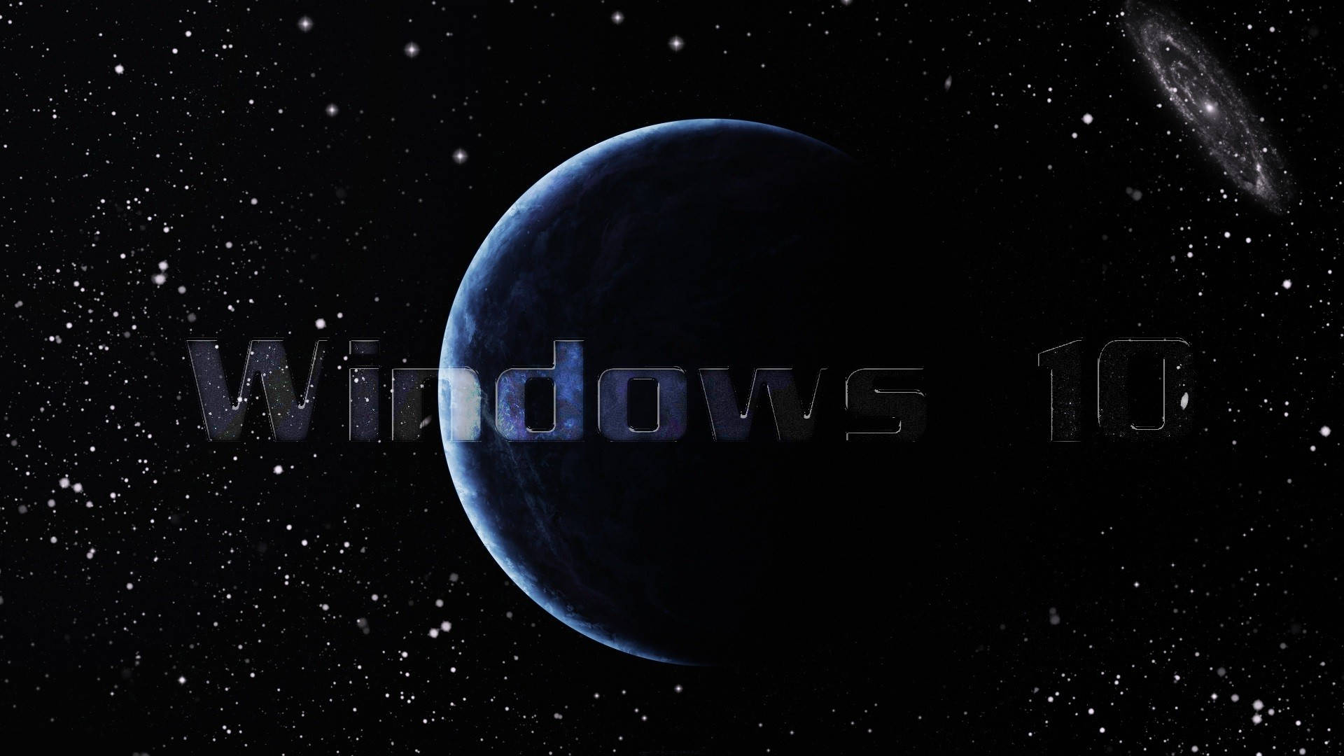 太空中的藍色行星，帶有 Windows 10 文字和遙遠星系