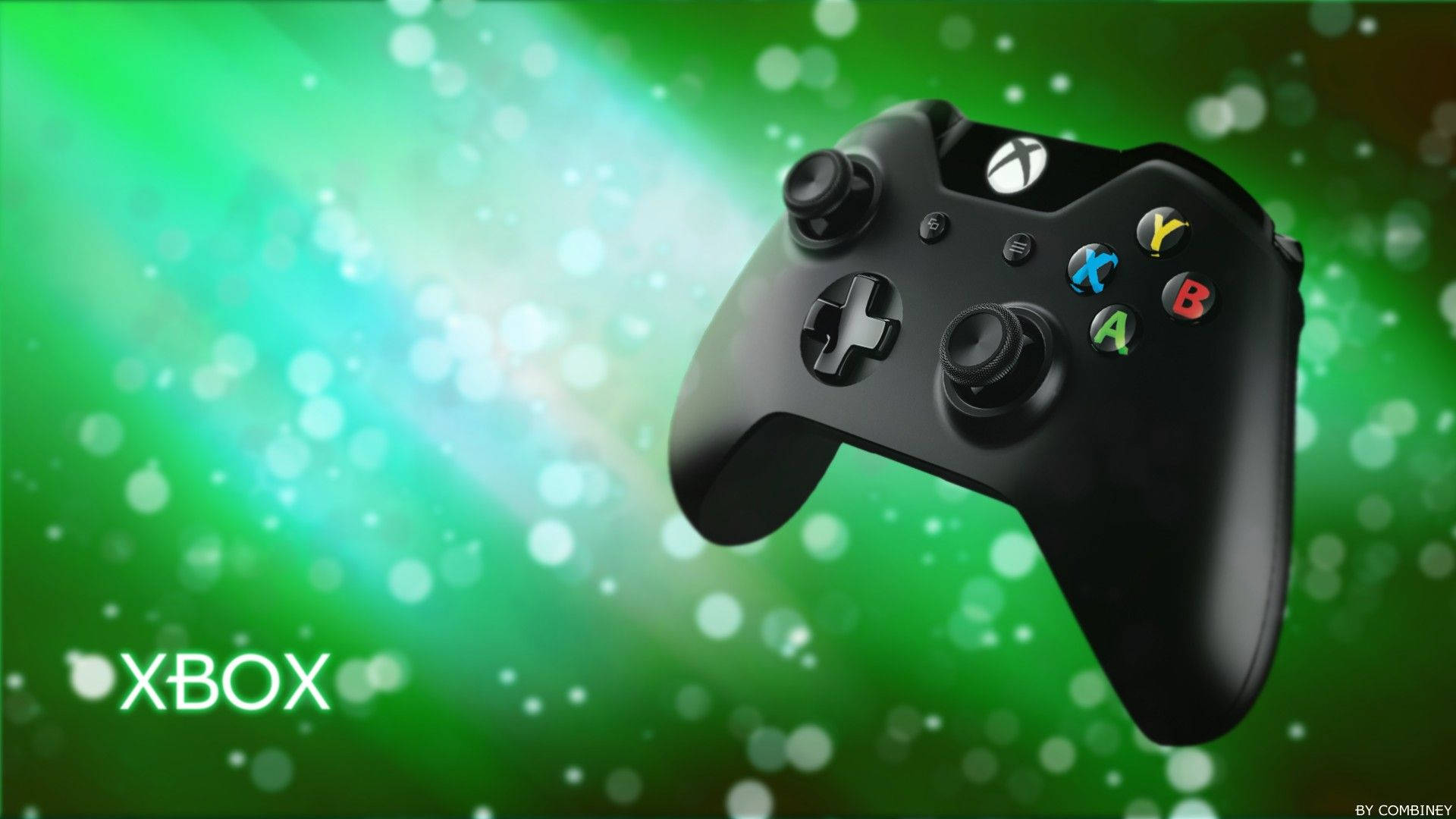 黑色Xbox控制器，帶發光綠色背景和散景燈光。