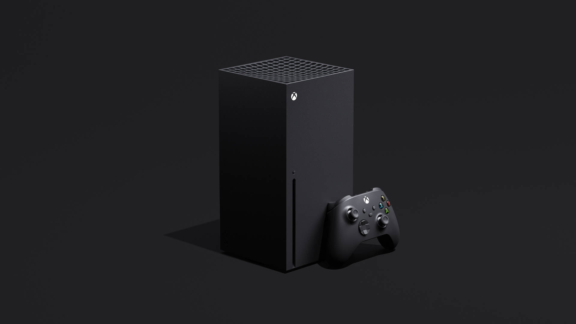 黑色 Xbox Series X 套裝 壁紙 — 一部時尚的黑色 Xbox Series X 主機和控制器，在簡約的深色背景上，帶有柔和燈光。