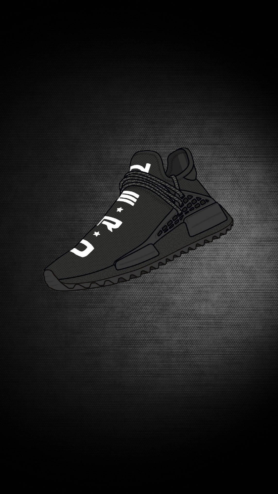 黑色Adidas NMD Human Race卡通運動鞋數位插畫 壁紙 — 一雙時尚的黑色運動鞋帶有白色品牌標誌，在帶有紋理的深灰色背景上發光。