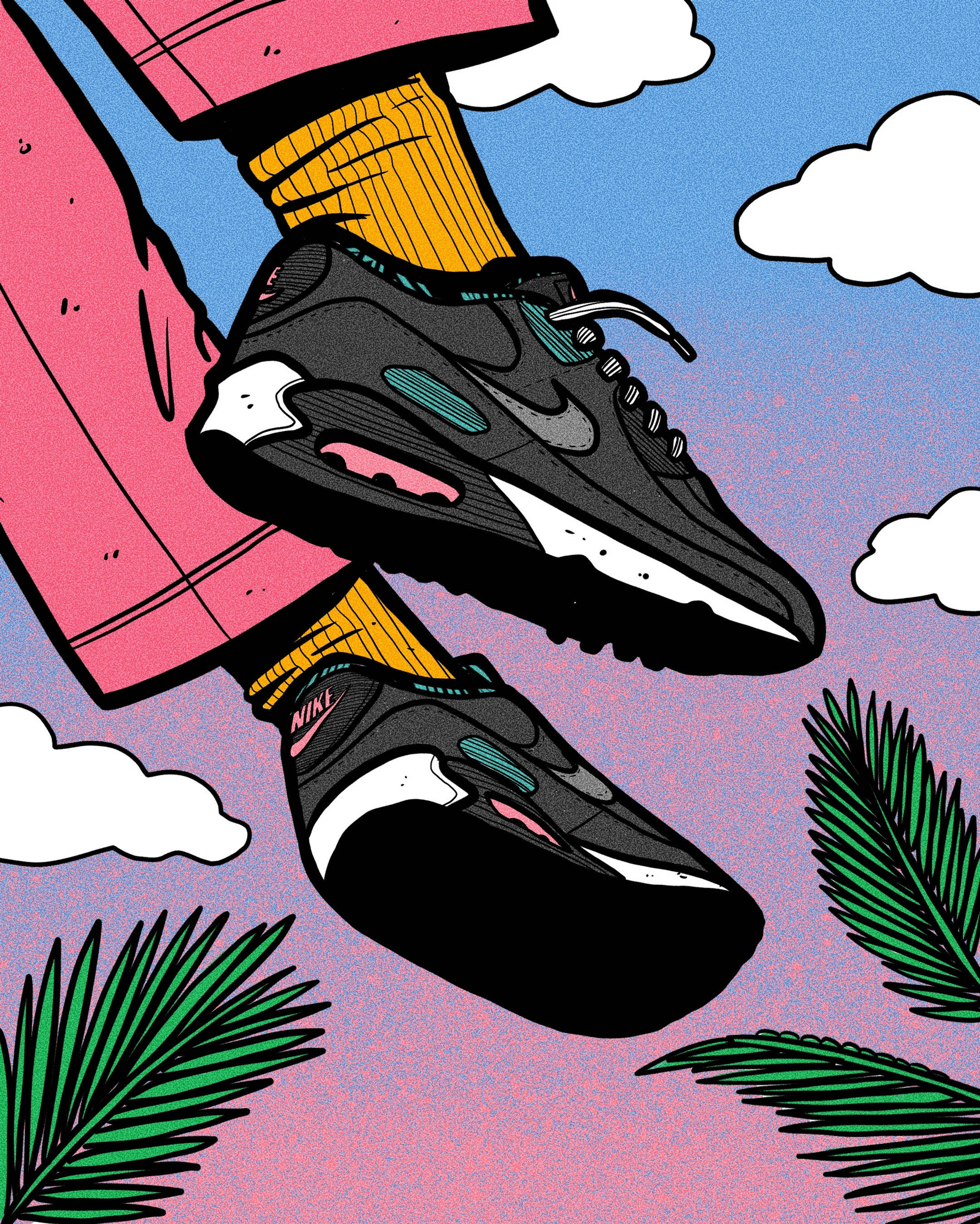 黑色Air Max卡通運動鞋向量藝術 壁紙 — 一對帶有粉紅色和藍綠色點綴的黑色Nike運動鞋漂浮在棕櫚葉上方，背景是充滿活力的粉紅色和藍色天空，點綴著白雲。