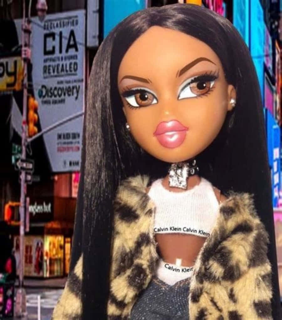 Bratz 公仔穿著豹紋外套在夜晚的時代廣場