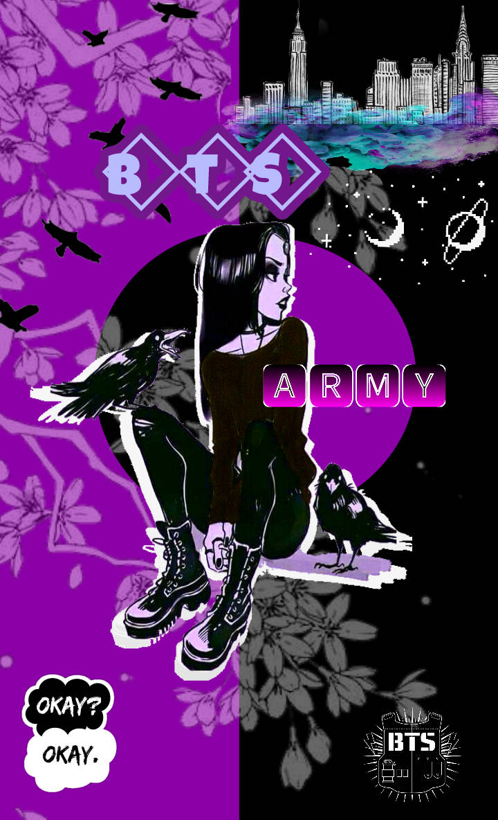 女孩與烏鴉在紫色和黑色動漫風格圖形中，帶有BTS Army文字和城市天際線。
