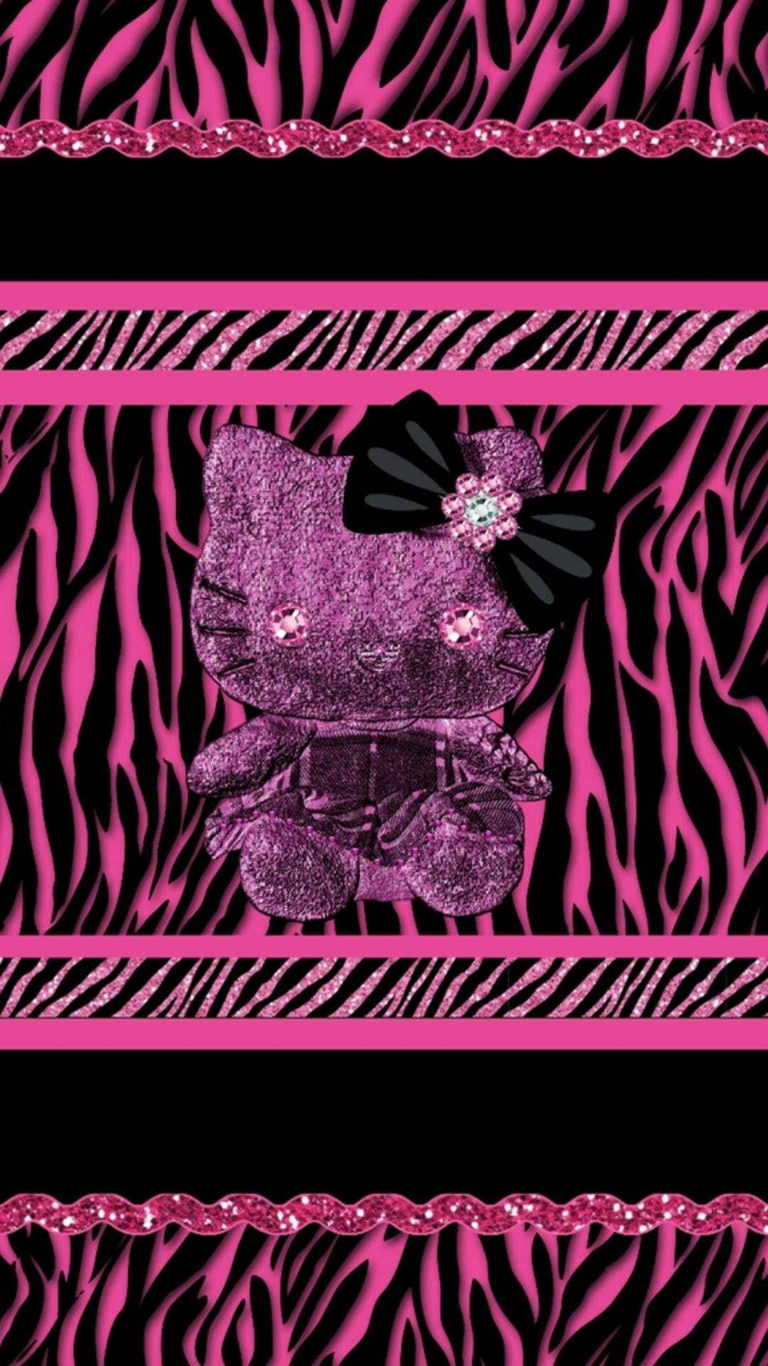 斑馬紋背景上的閃粉粉紅色Hello Kitty毛公仔。